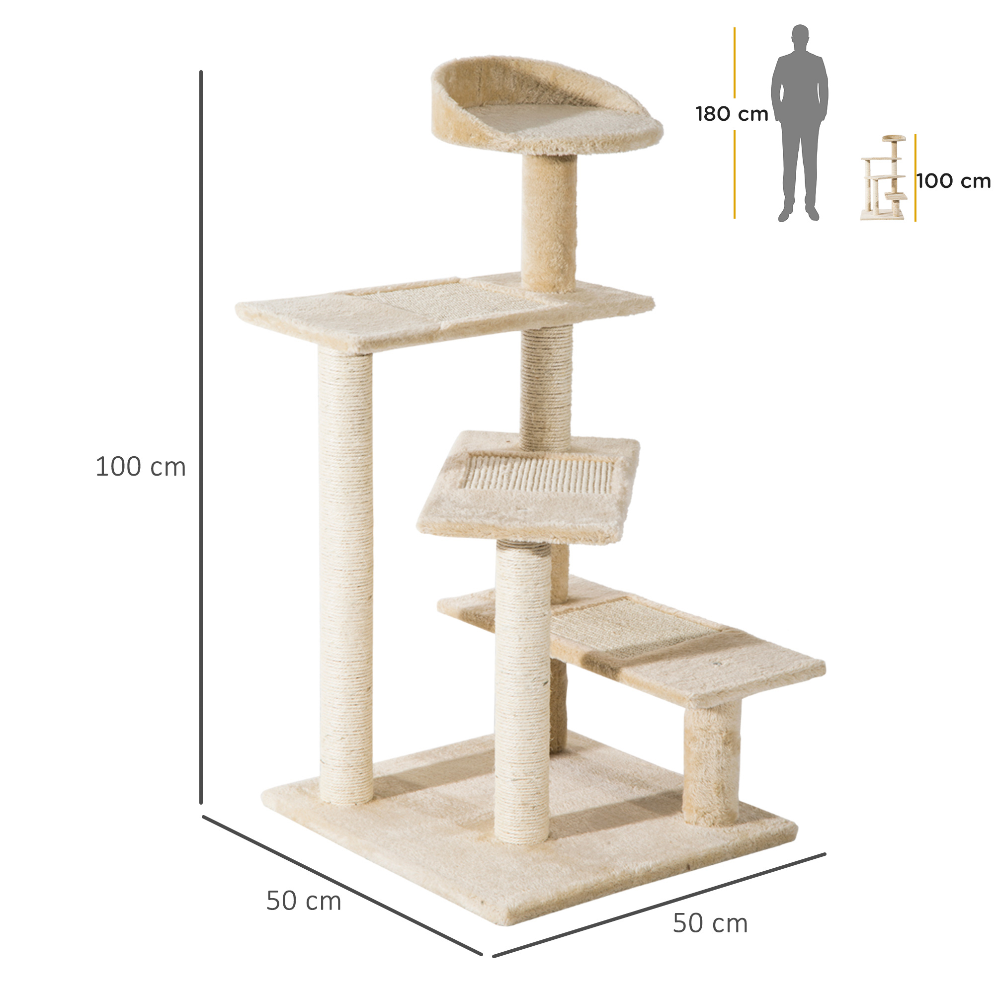 Albero per gatti beige con più livelli, piattaforme e pali per graffiare. Vengono visualizzate le misure.