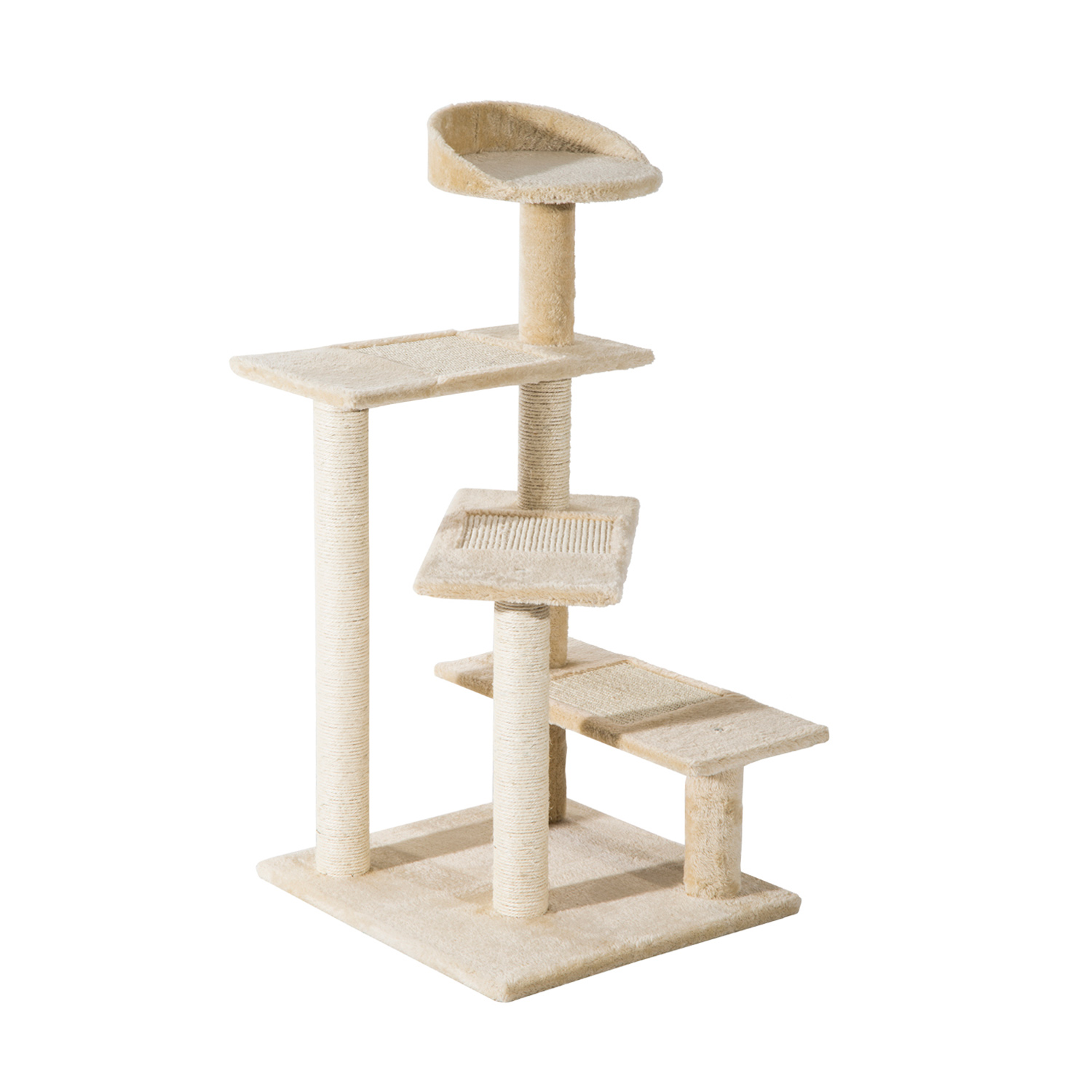 Albero per gatti beige con più livelli. Offre piattaforme per arrampicarsi e giocare. Isolato su bianco.