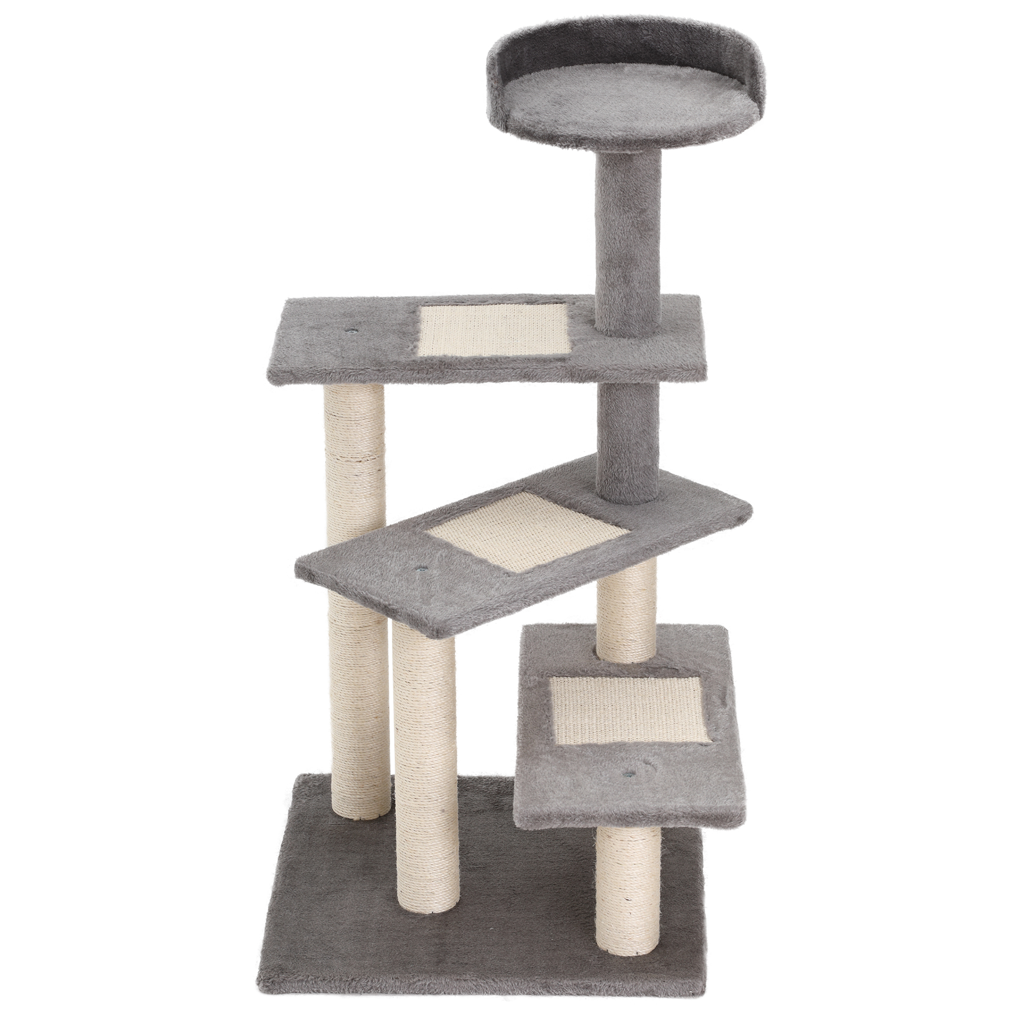 Un albero per gatti grigio con più piattaforme. È isolato su sfondo bianco. Colori beige e grigi.