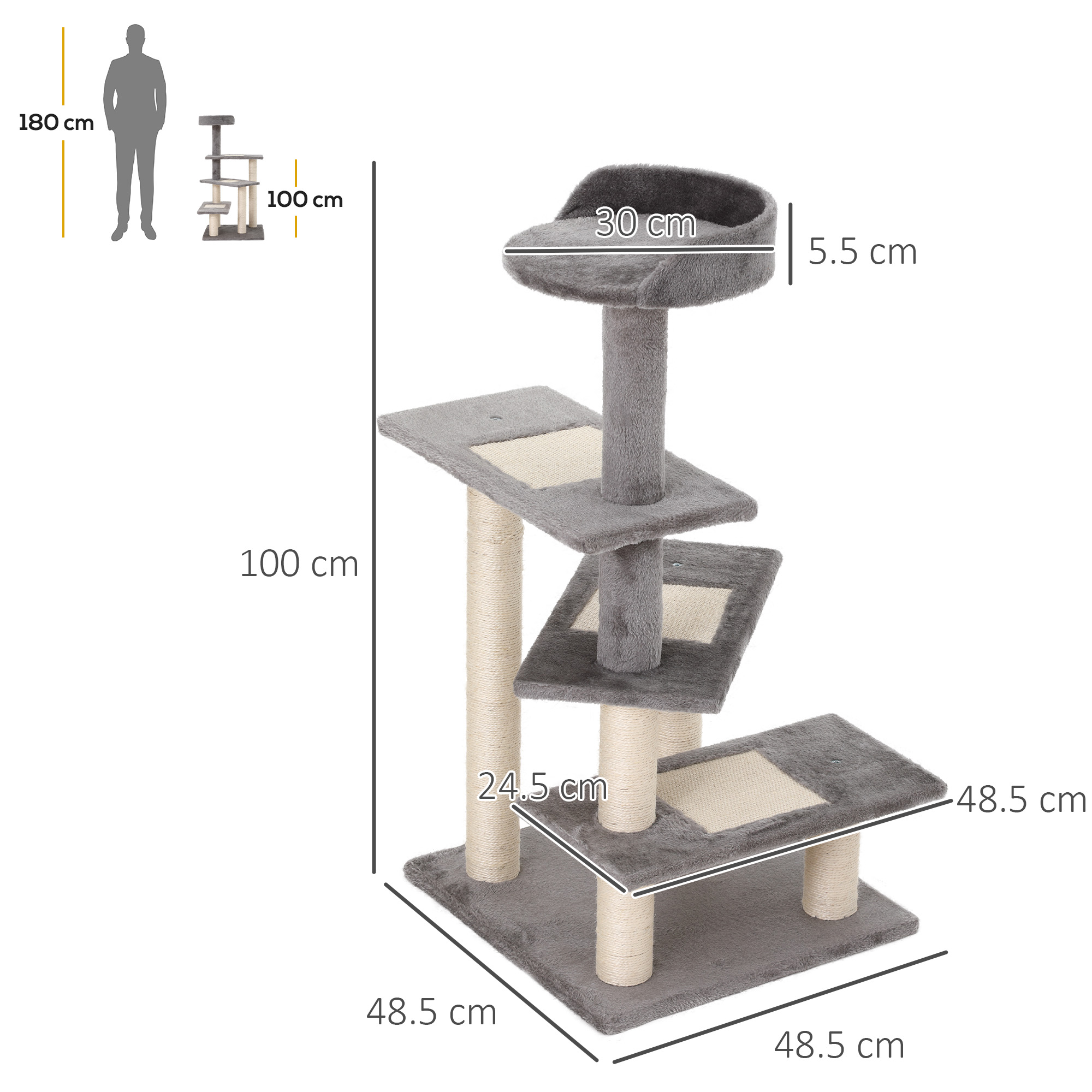 Tiragraffi grigio con più piattaforme e pali. Include le dimensioni.