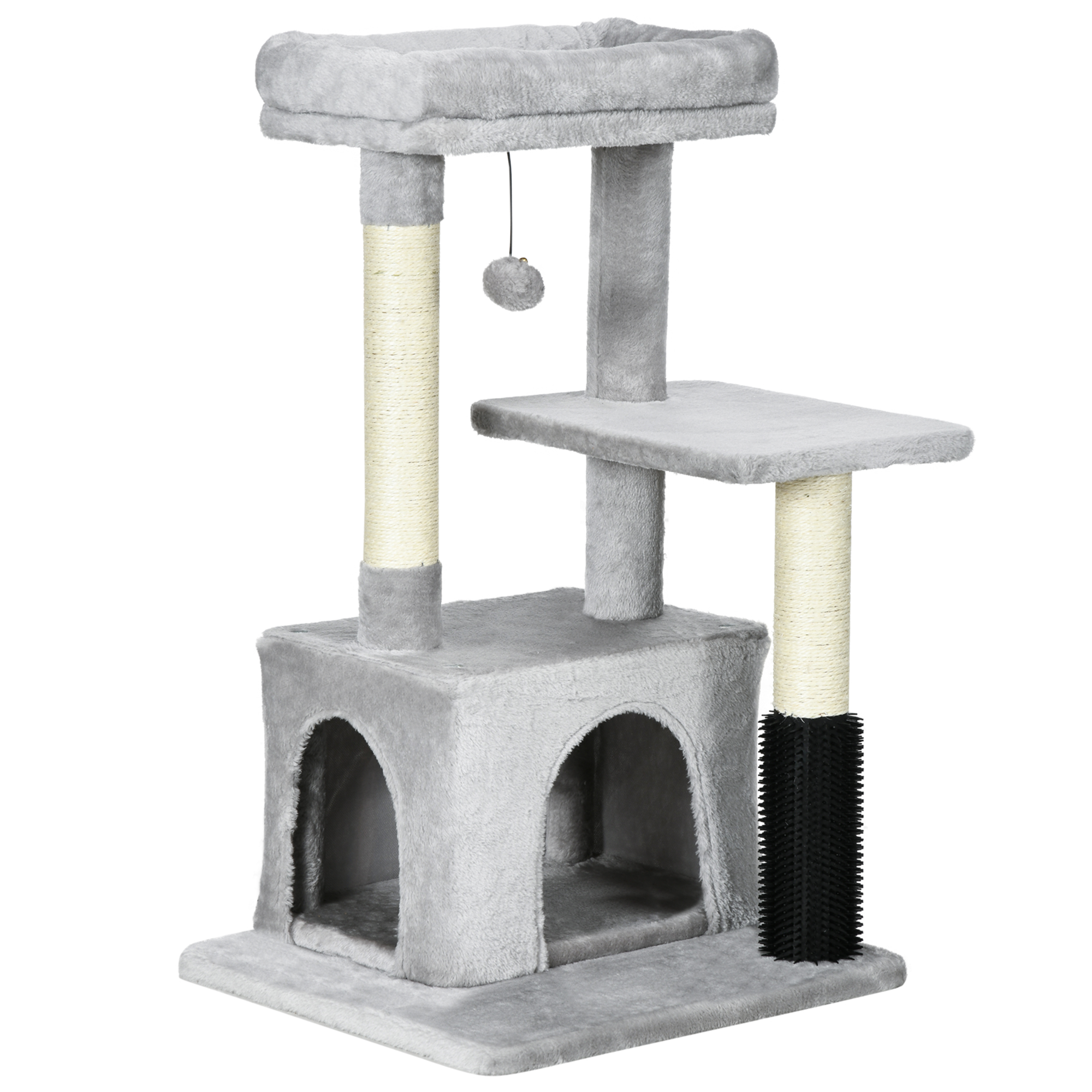 Un albero per gatti grigio con più livelli, tra cui un tiragraffi e una palla appesa. Sfondo bianco.