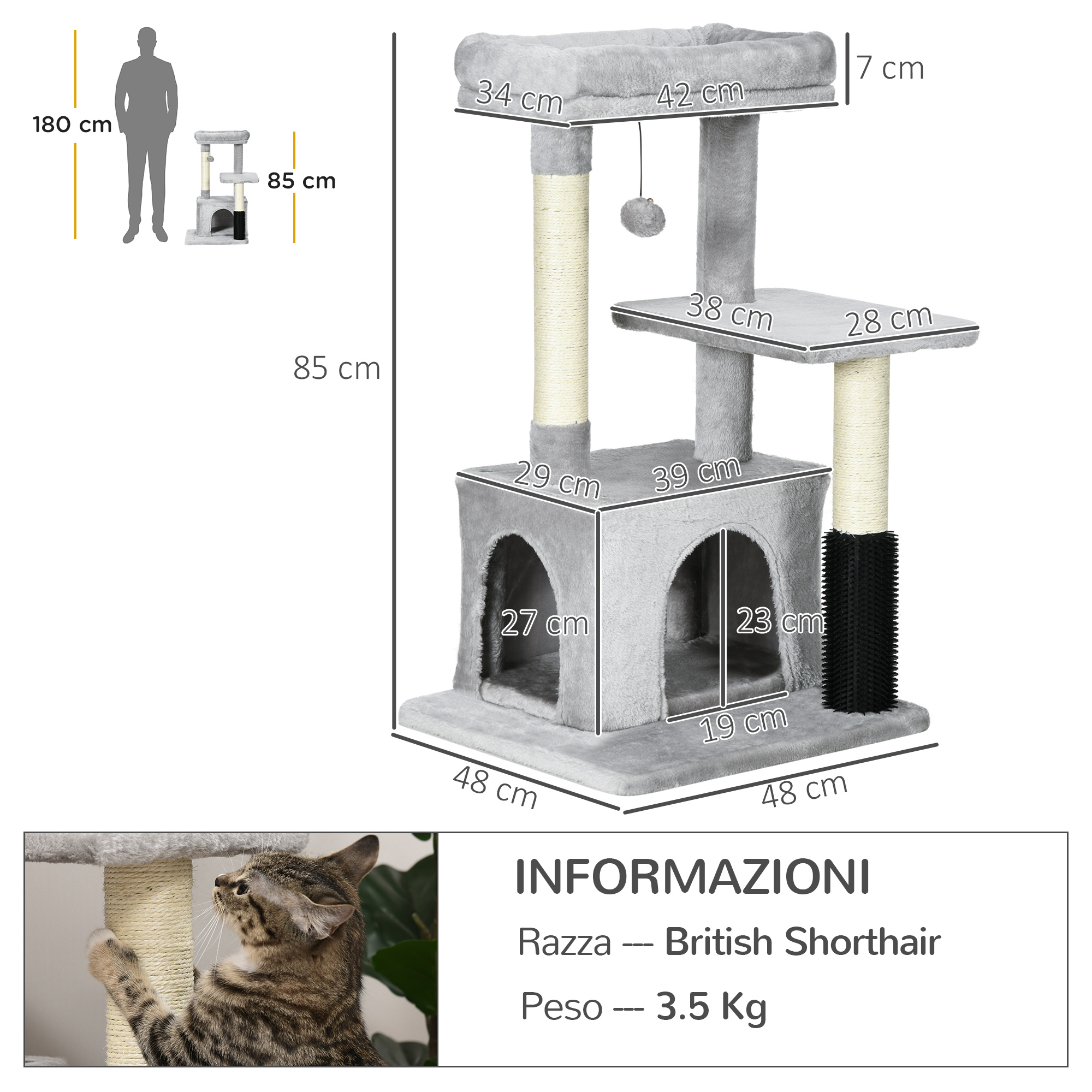 Albero per gatti grigio con cuccette e piattaforme, dimensioni visualizzate, testo sulla razza felina.
