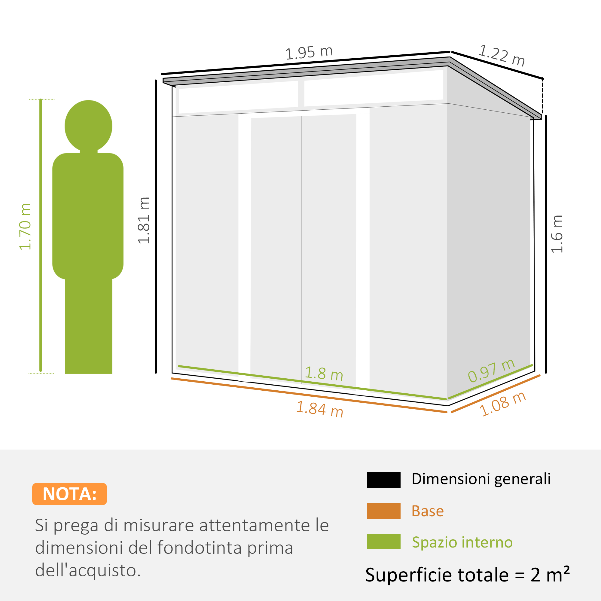 Un capannone con dimensioni. Il capannone è grigio e ha un tetto bianco.