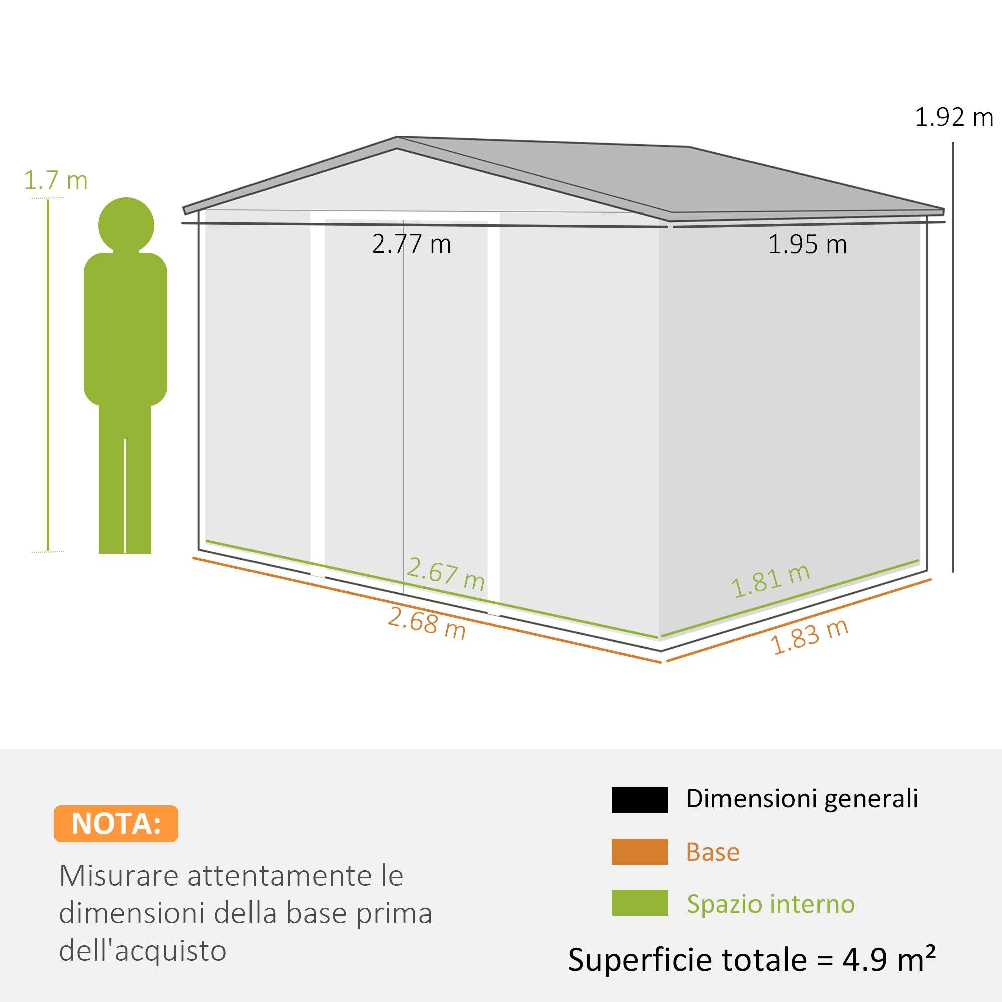 Un diagramma di un capannone con dimensioni. Include le dimensioni per la base e lo spazio interno.