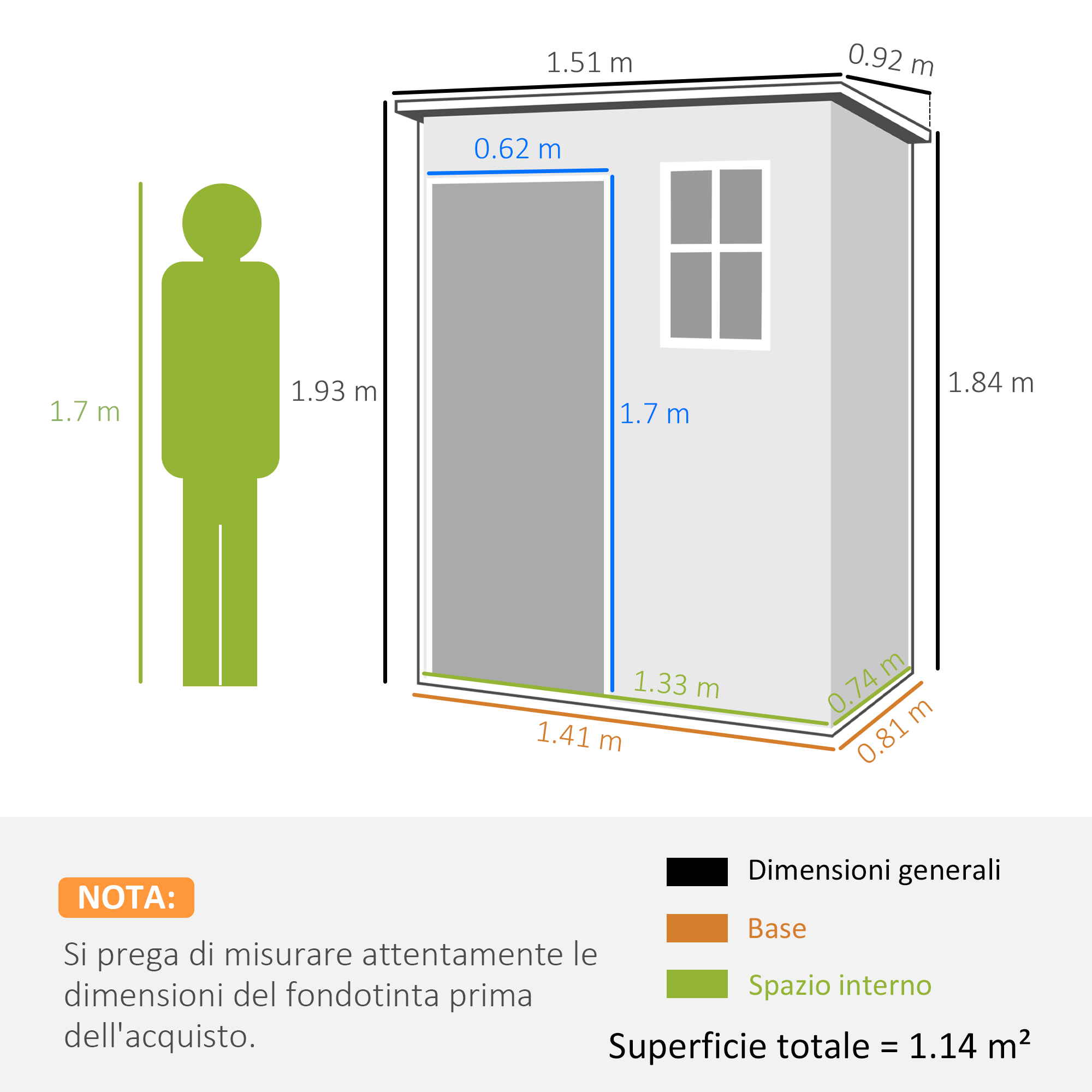 Un capannone grigio con dimensioni, una finestra e una figura verde accanto.