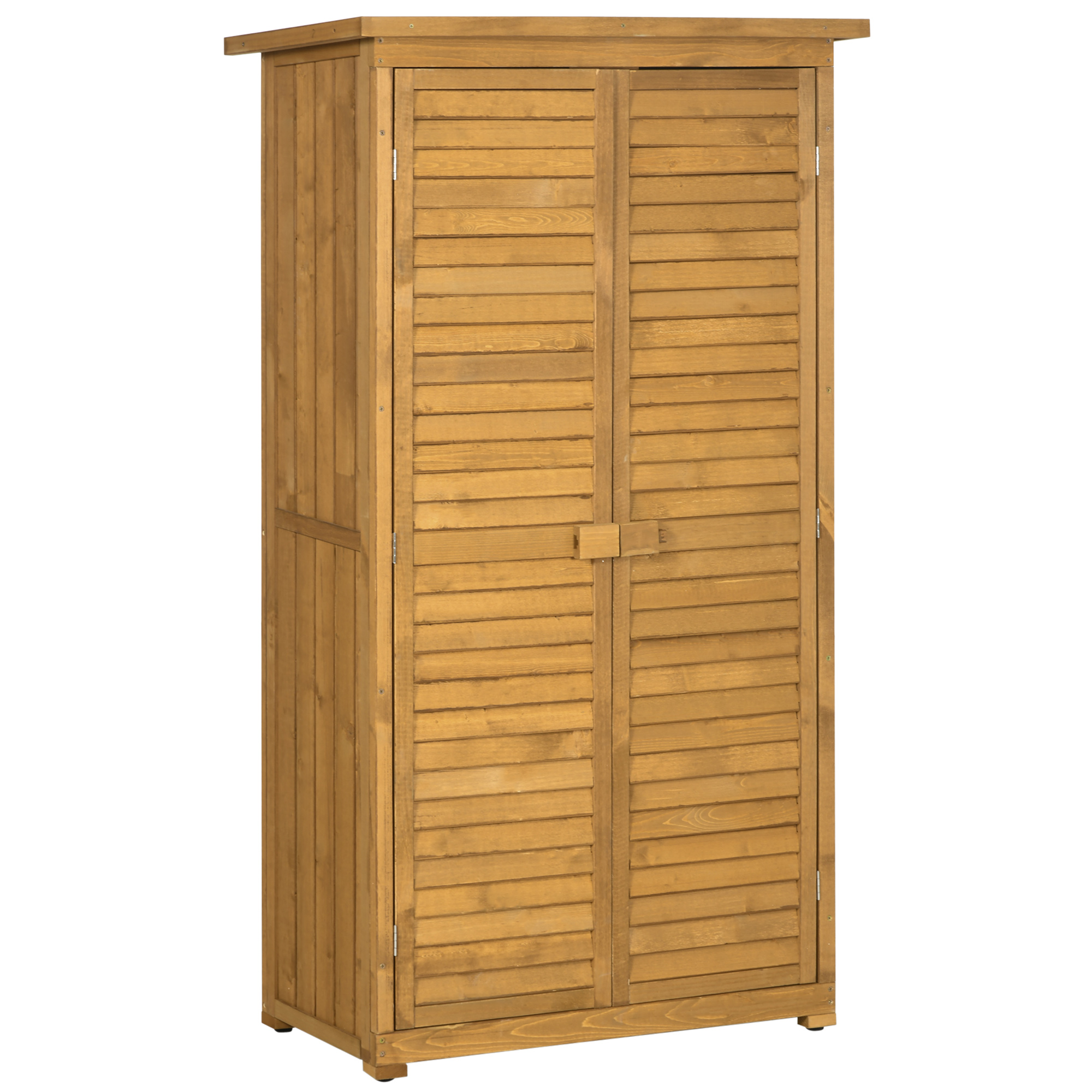 Capannone in legno con porte chiuse. Il capannone è marrone. Lo sfondo è sfocato.