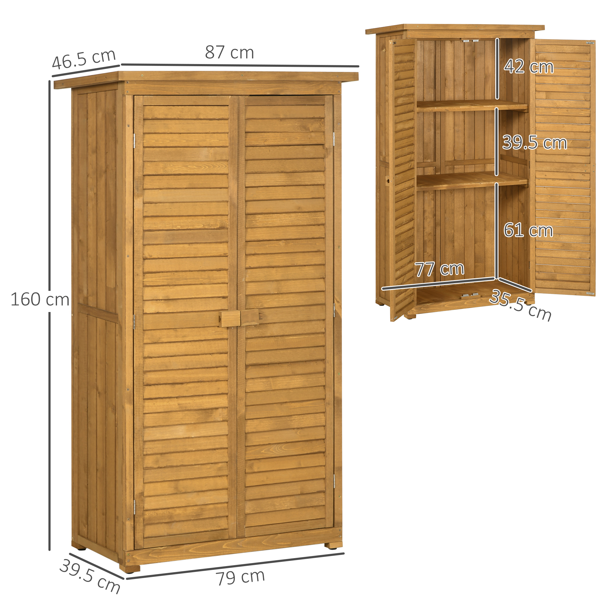 Mobile contenitore in legno con due ante aperte. Le dimensioni sono indicate sull'armadio.