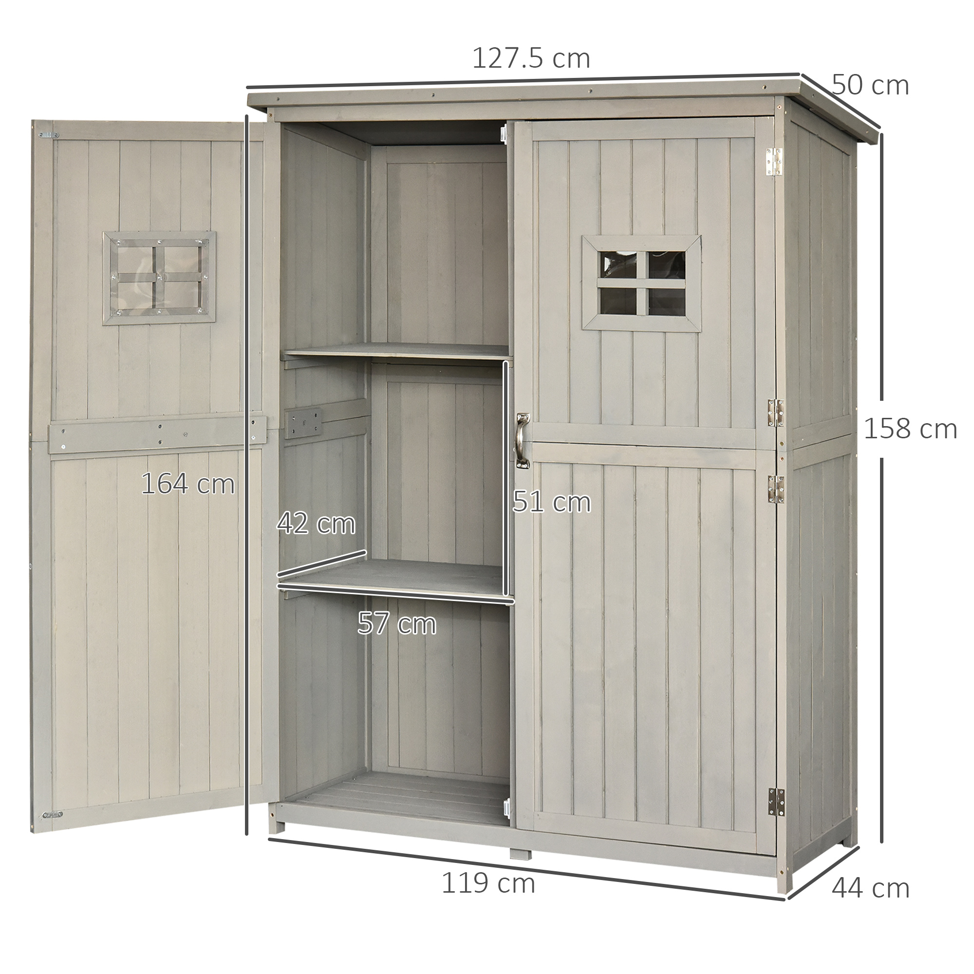Capannone esterno in legno grigio con porte aperte che mostrano ripiani e dimensioni.