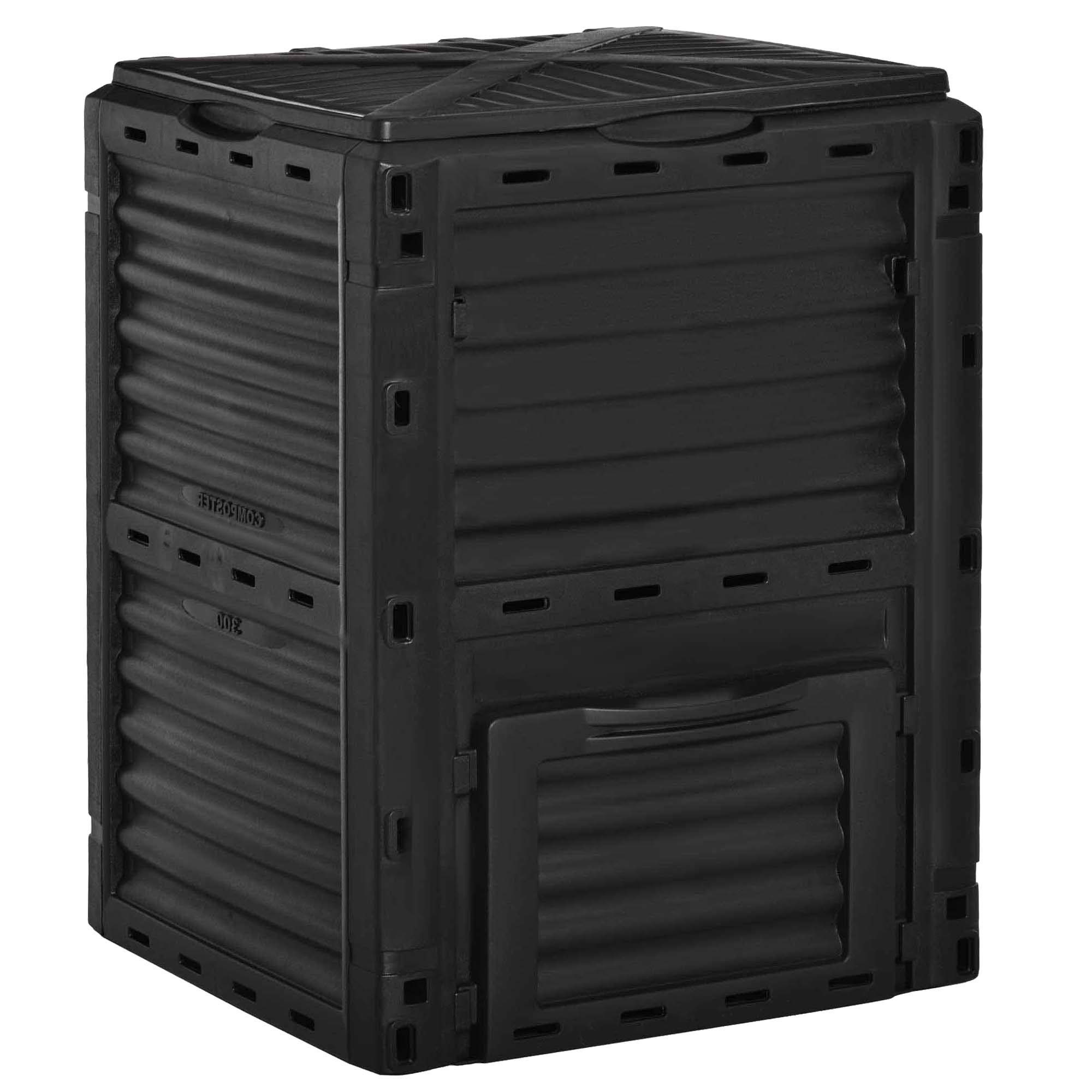 Contenitore per compost in plastica nera con coperchio e apertura.