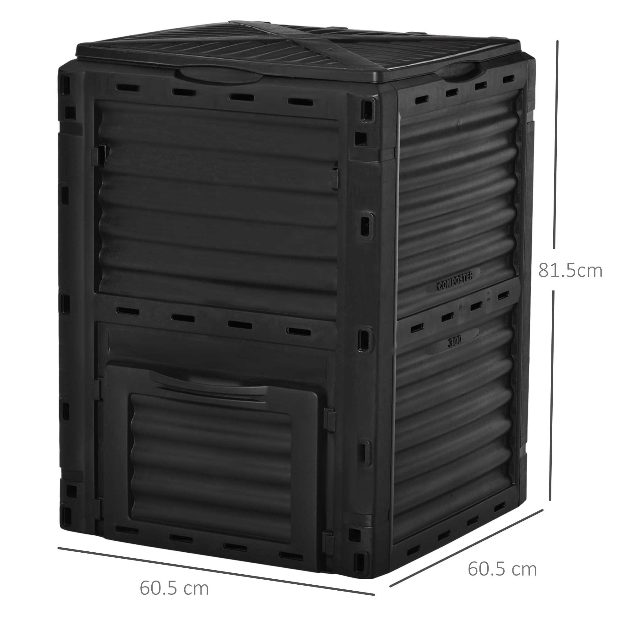 Un contenitore nero per compostaggio con coperchio e porta d'accesso, mostrando le dimensioni.