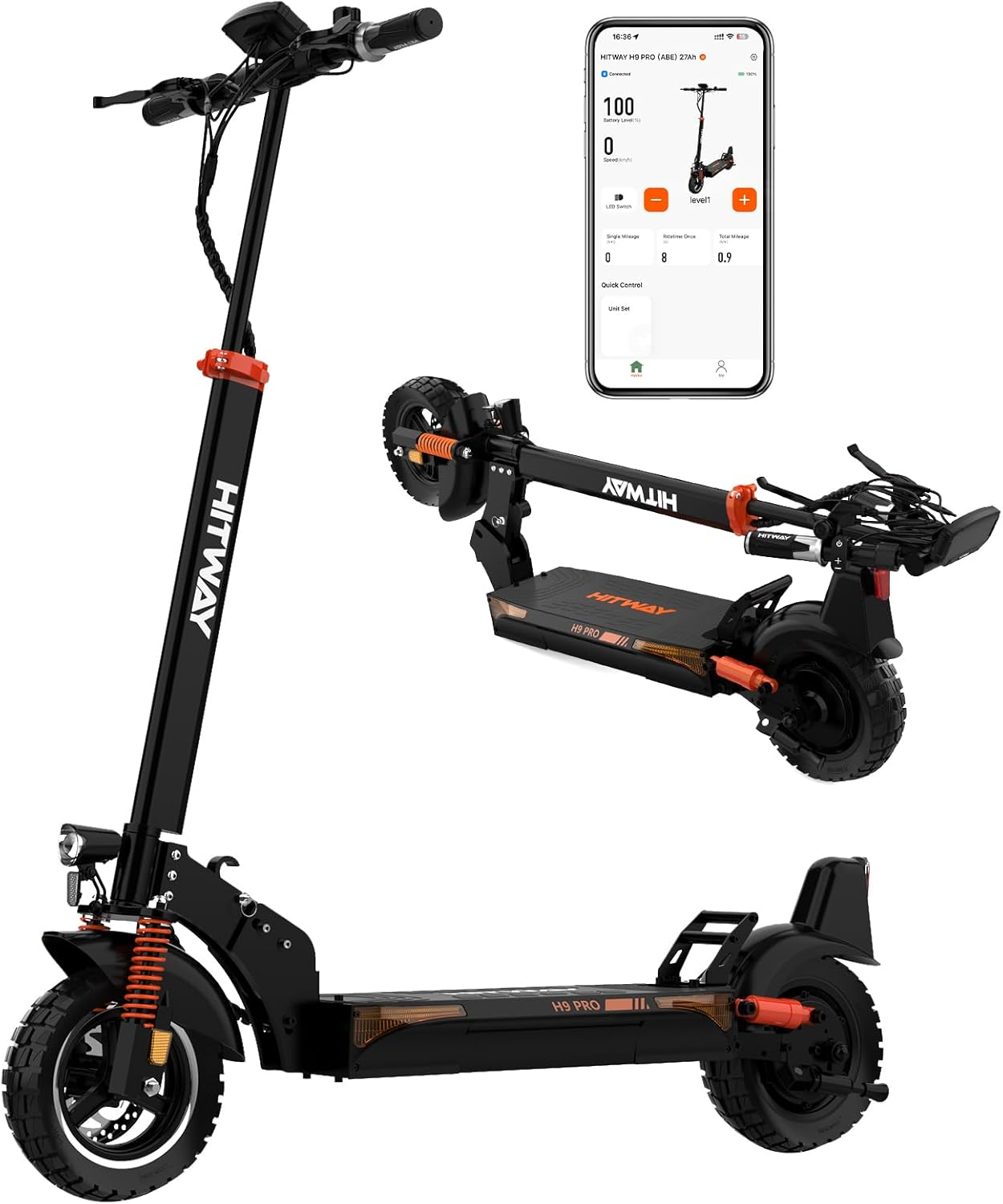 Czarna i pomarańczowa hulajnoga elektryczna z telefonem pokazującym prędkość i szczegóły baterii.