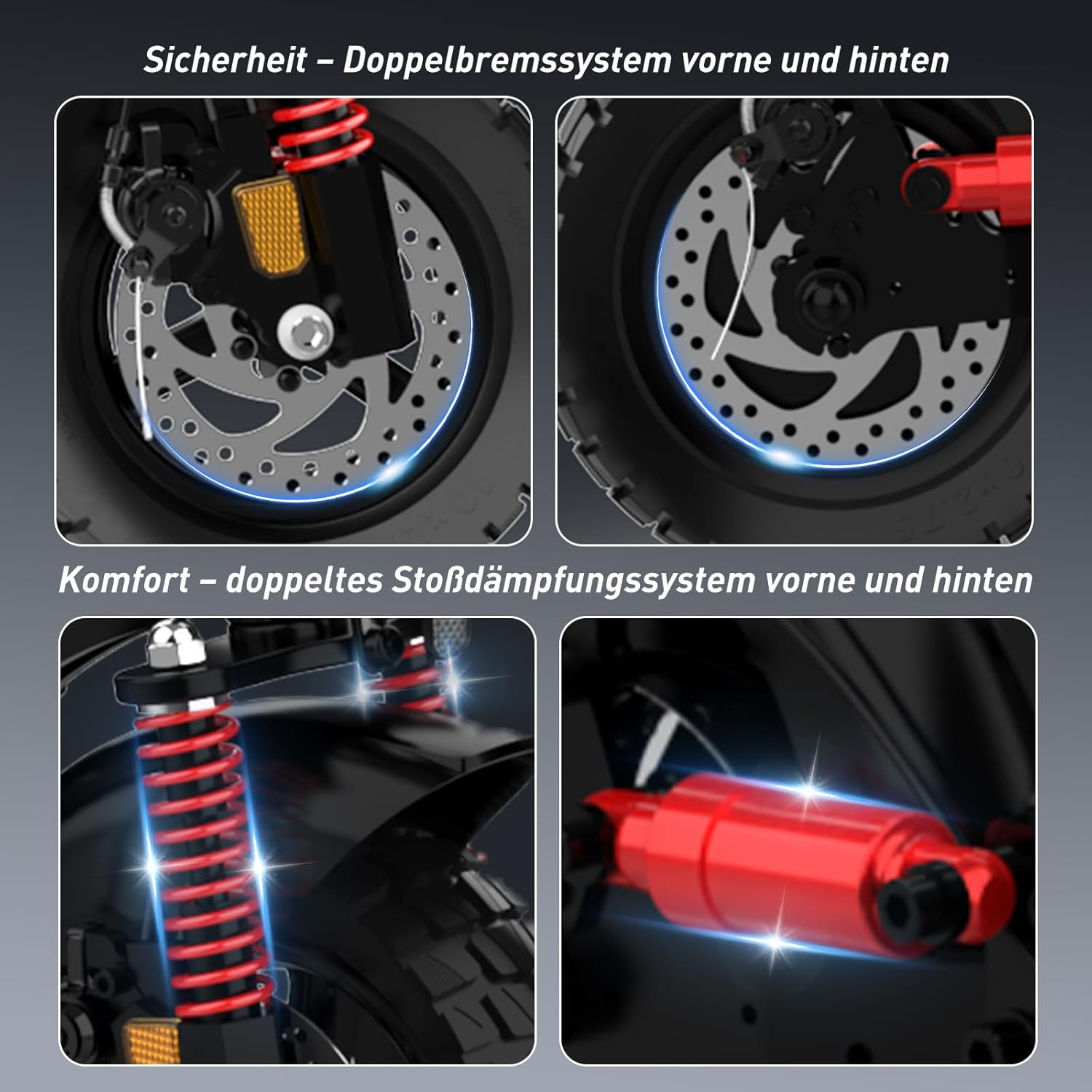 Nahaufnahmen der Bremsen und Stoßdämpfer eines Rollers mit detaillierten mechanischen Elementen.