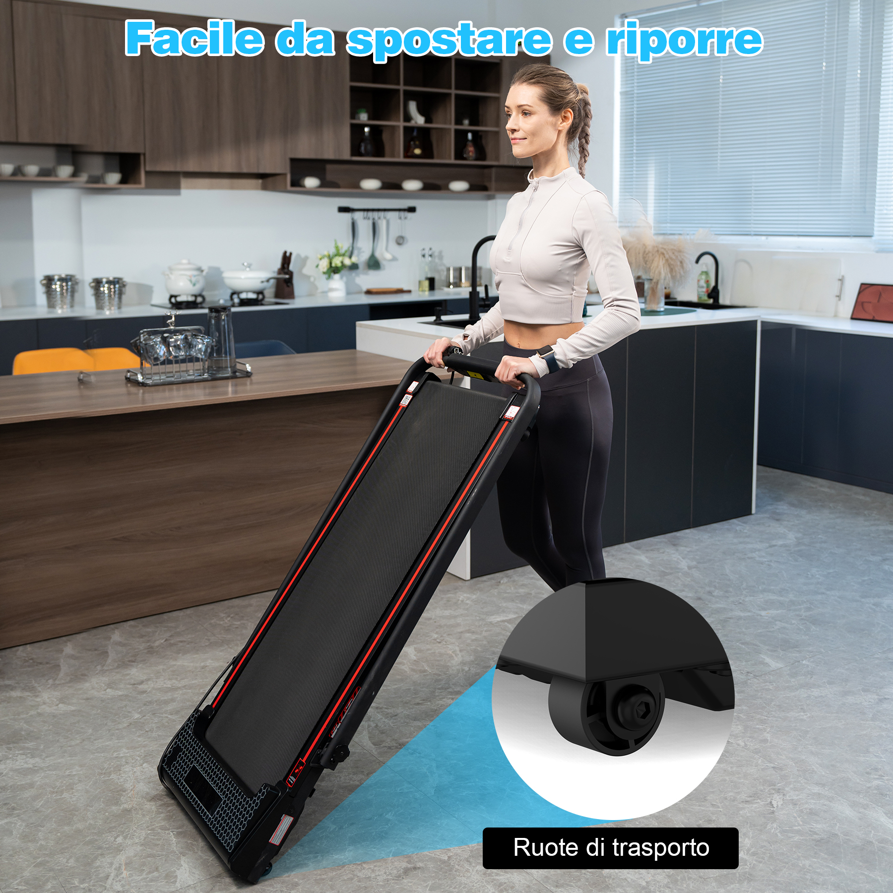 Donna che spinge un tapis roulant pieghevole con un accento rosso, vicino a una cucina con mobili grigi e marroni.