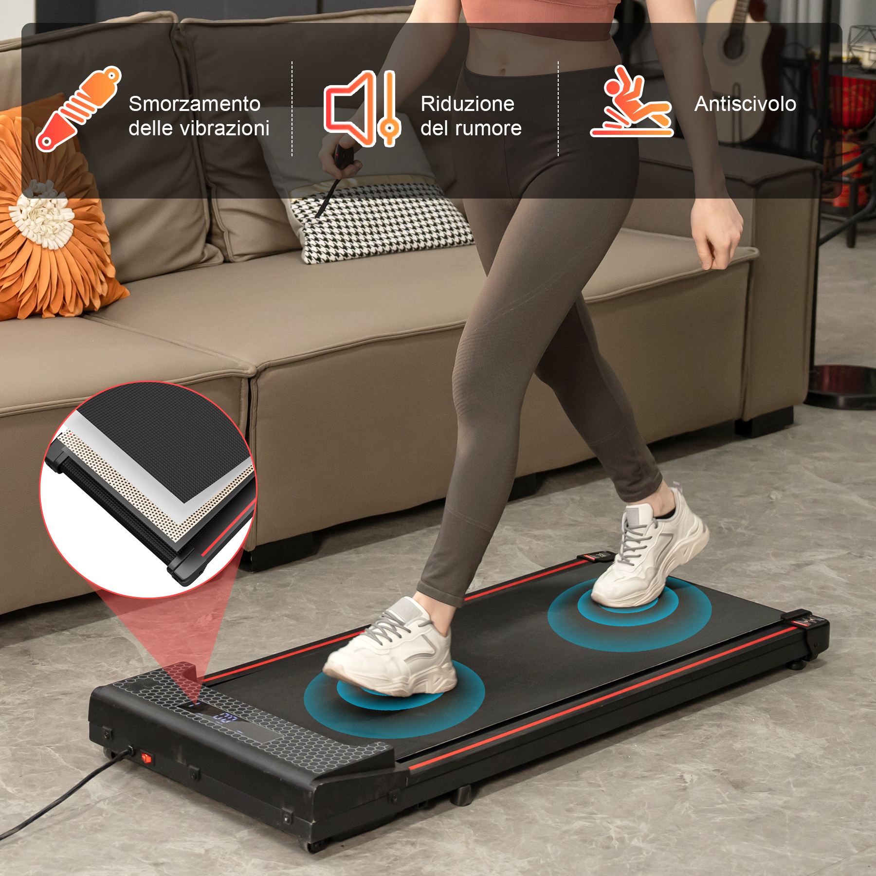 Donna su un tapis roulant, con icone che indicano la riduzione delle vibrazioni e del rumore.