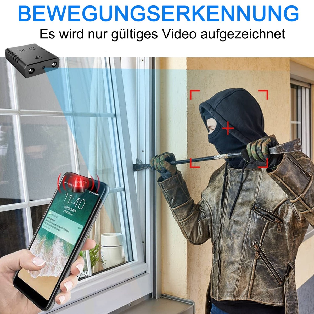 Eine Person hält ein Telefon. Ein Einbrecher bricht in ein Haus ein. Überwachungskamera und Benachrichtigung.
