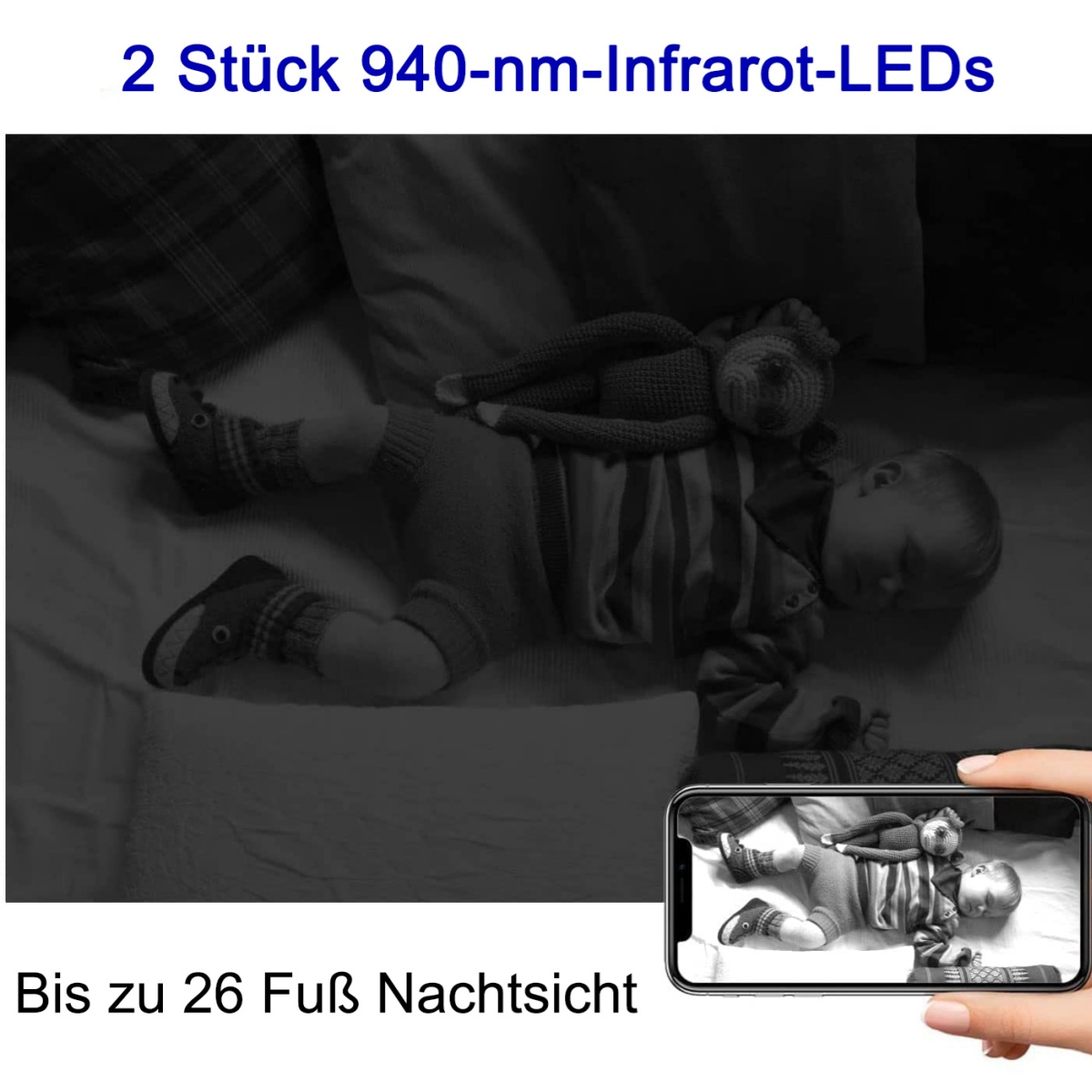 Baby liegt mit Spielzeug auf dem Bett. Telefonbildschirm zeigt die gleiche Szene.