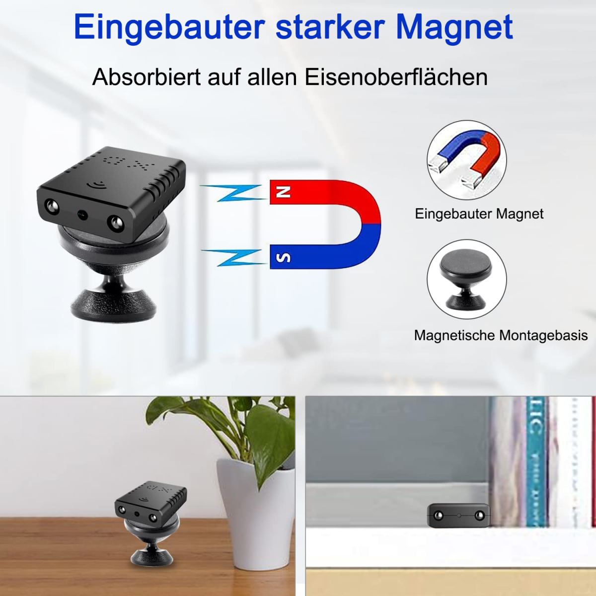 Schwarze Spionagekamera auf einem Ständer. Die Kamera wird mit einem Magneten und einer Basis gezeigt. Beispiele für die Verwendung.