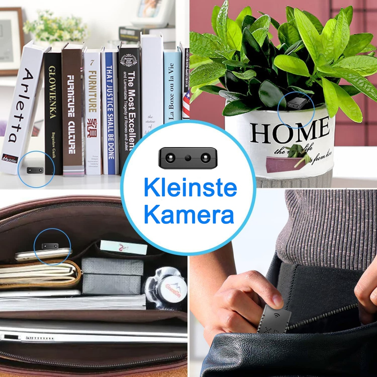 Kleine schwarze Kamera in verschiedenen Umgebungen: Bücher, Pflanze, Tasche und Tasche. Die Worte 'Kleinst Kamera' sind darauf.