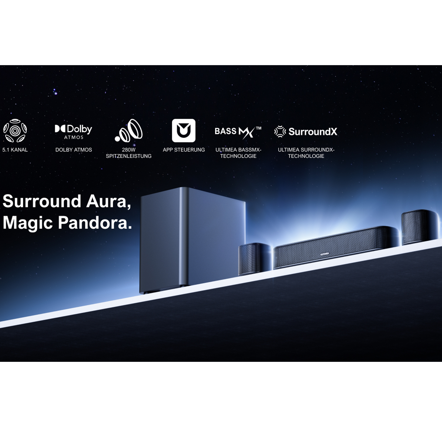 Schwarzes Heimkinosystem mit verschiedenen Tech-Symbolen im Hintergrund. Text: 'Surround Aura, Magic Pandora'.