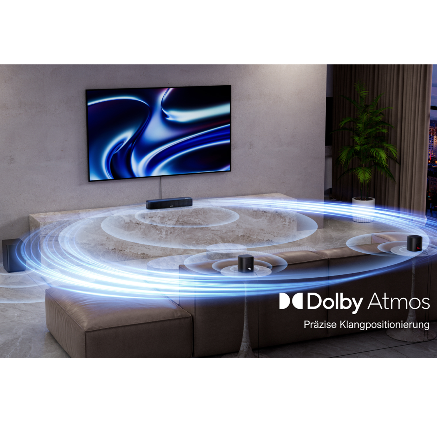 Ein Heimkino-Setup mit Fernseher, Soundbar und Lautsprechern, mit Dolby Atmos-Branding.