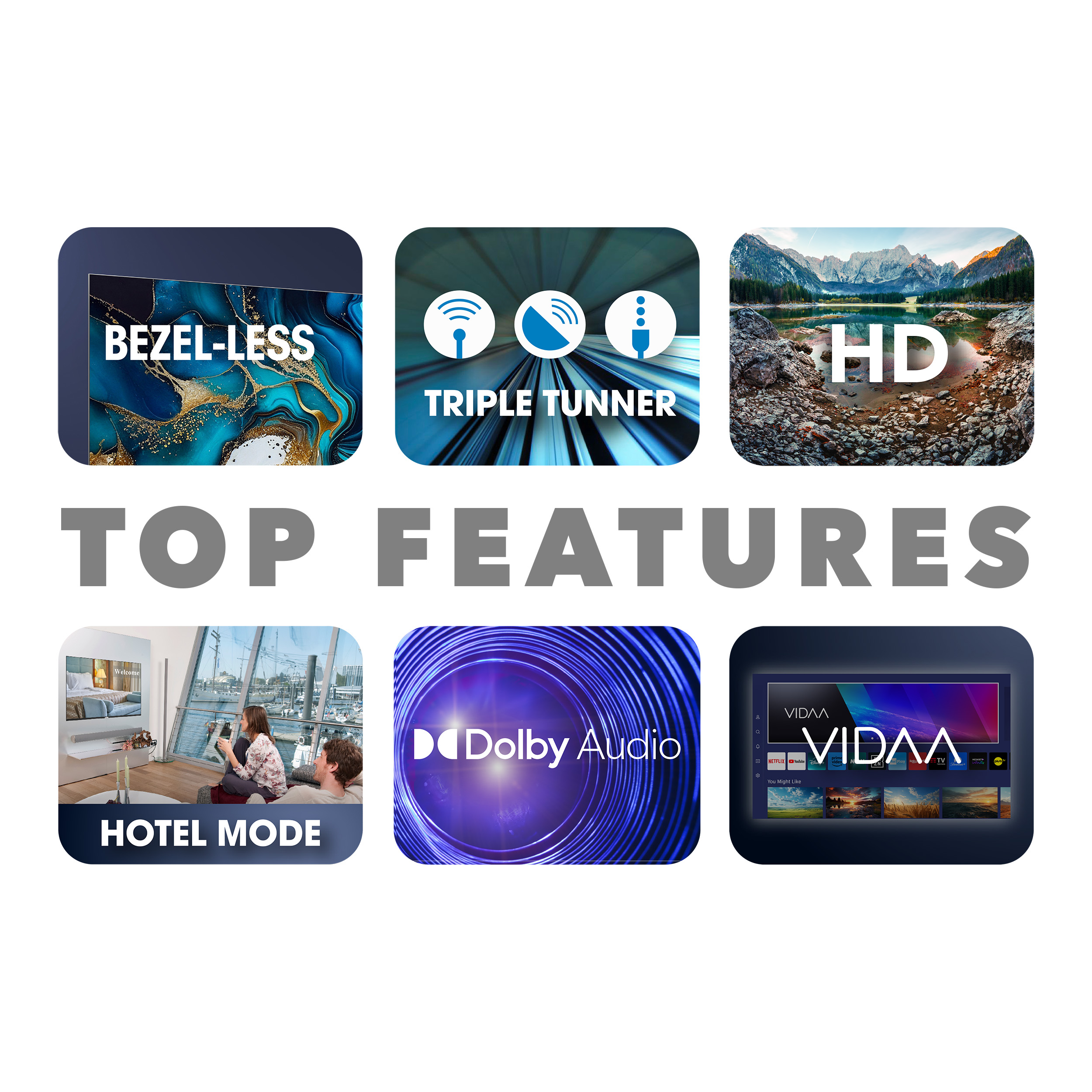 Funkcje telewizora. Sześć ikon z różnymi funkcjami telewizora, takimi jak Bezel-less i HD.