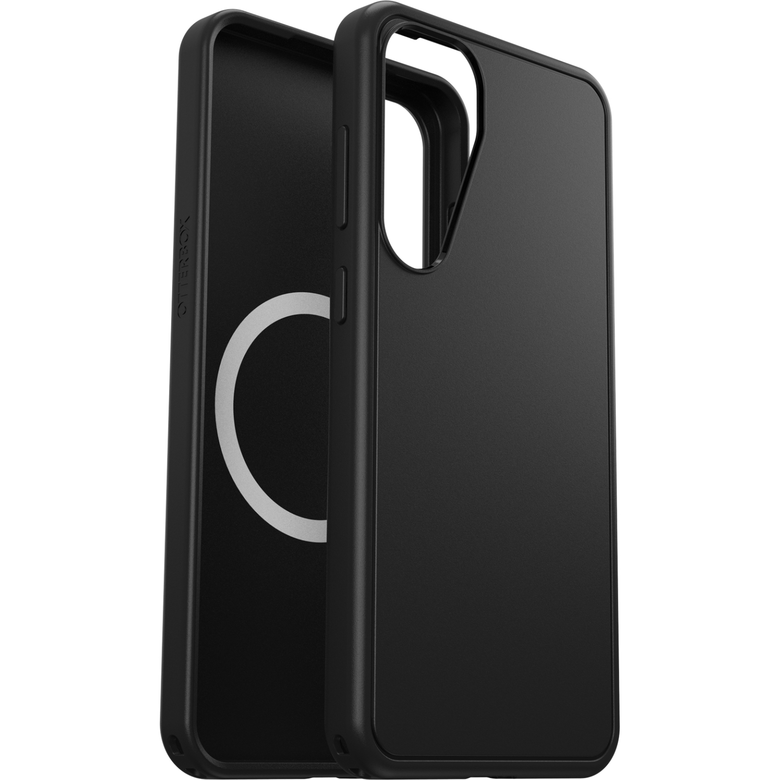 Zwarte Otterbox telefoonhoes, met de binnenkant met een MagSafe cirkel en de achterkant van de hoes.