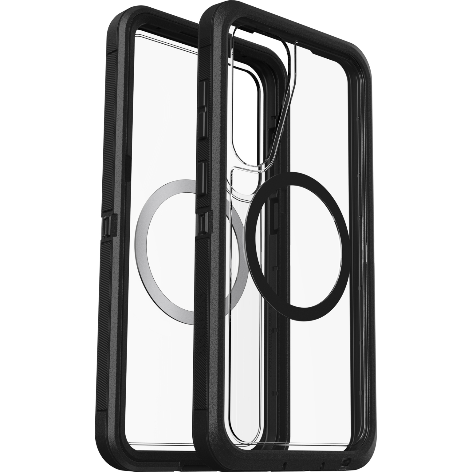 Coque de téléphone transparente avec cadre noir, montrant deux coques côte à côte.