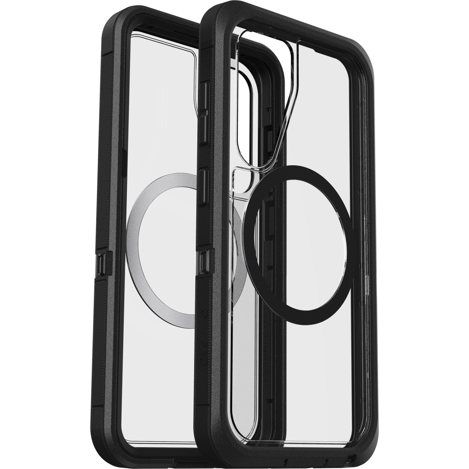 Telefoonhoesje, open. Binnenkant transparant met een cirkelvormige magneet, buitenkant zwart.