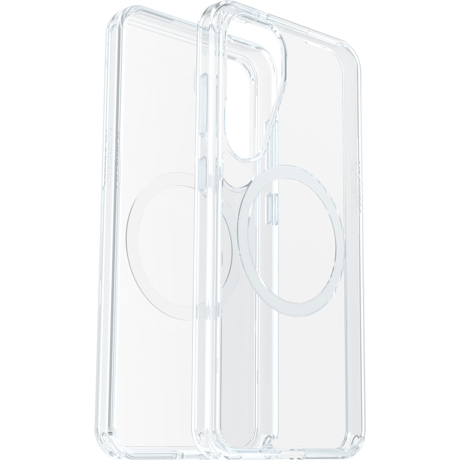 Transparante telefoonhoes, twee delen naast elkaar, transparant ontwerp met magnetische ring.