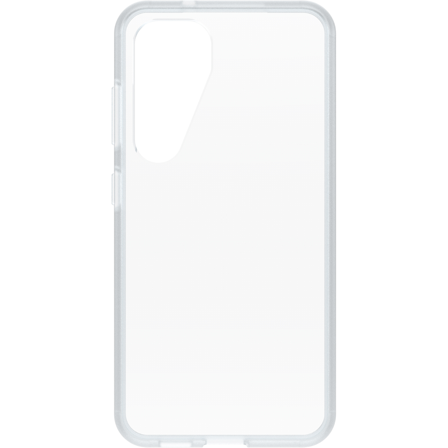 Transparante telefoonhoes, met het frame zichtbaar, tegen een witte achtergrond, met een transparant ontwerp.