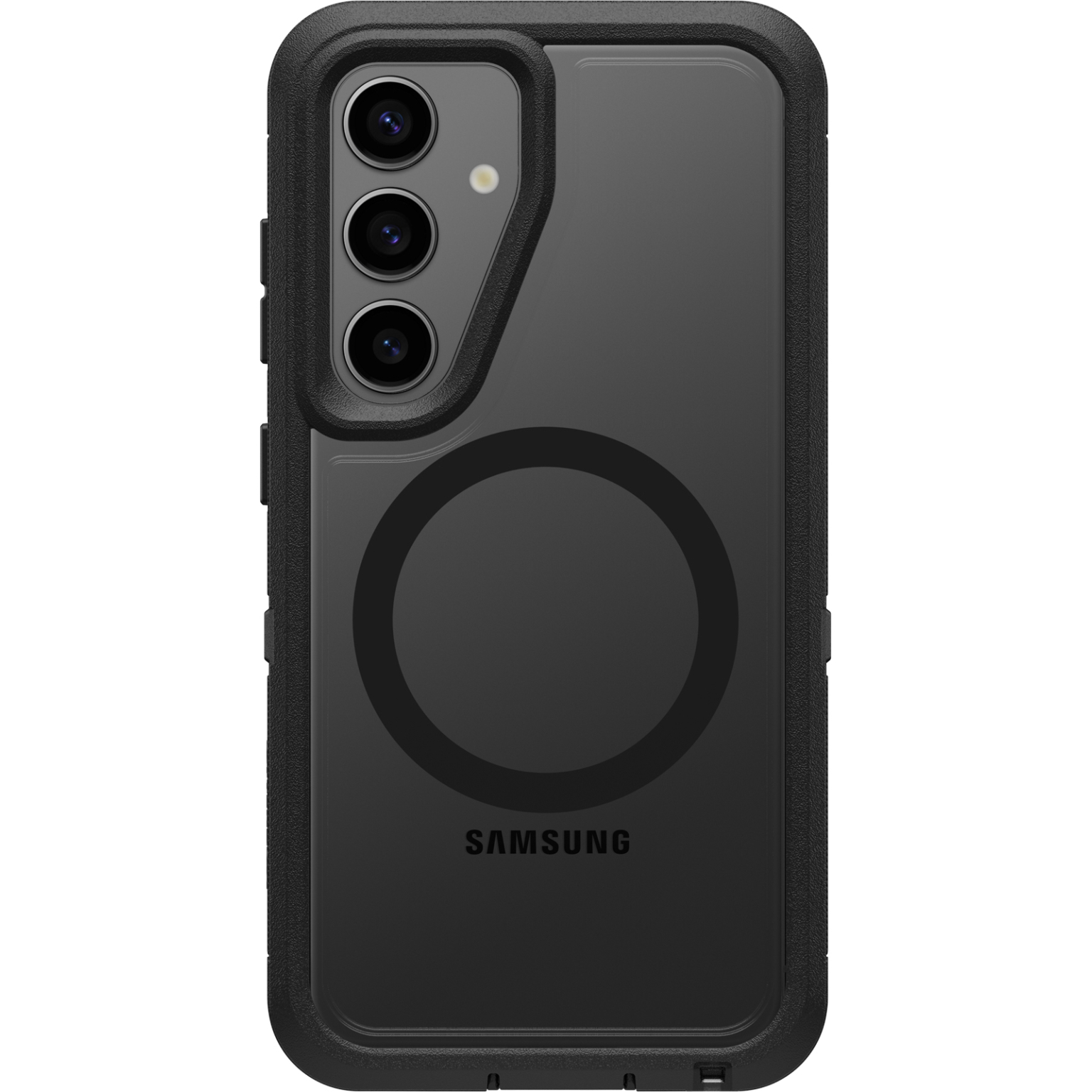 Coque de téléphone noire avec trois lentilles et cercle magnétique.