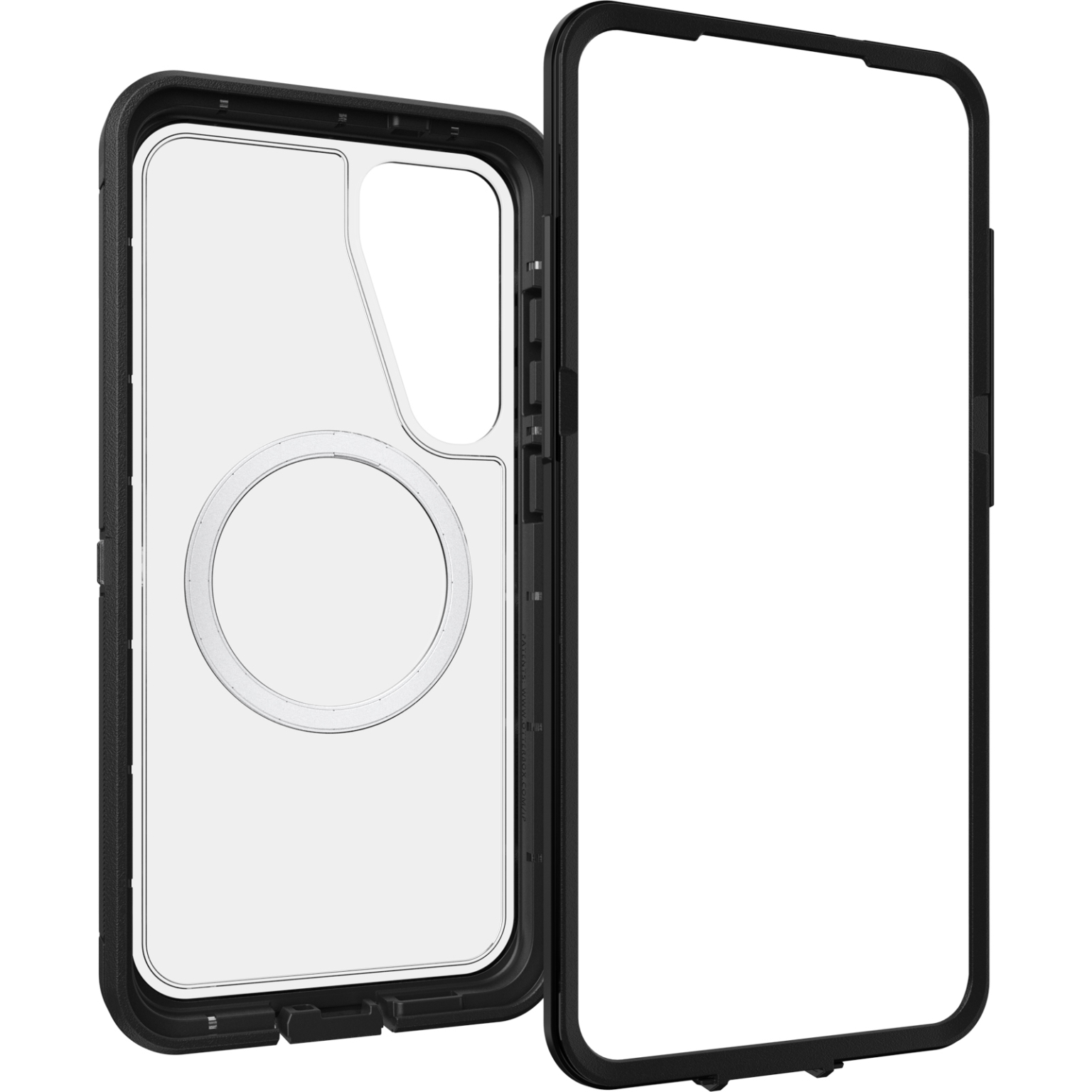 Étui de téléphone noir ouvert avec protecteur d'écran transparent, montrant les détails intérieurs, fond blanc.