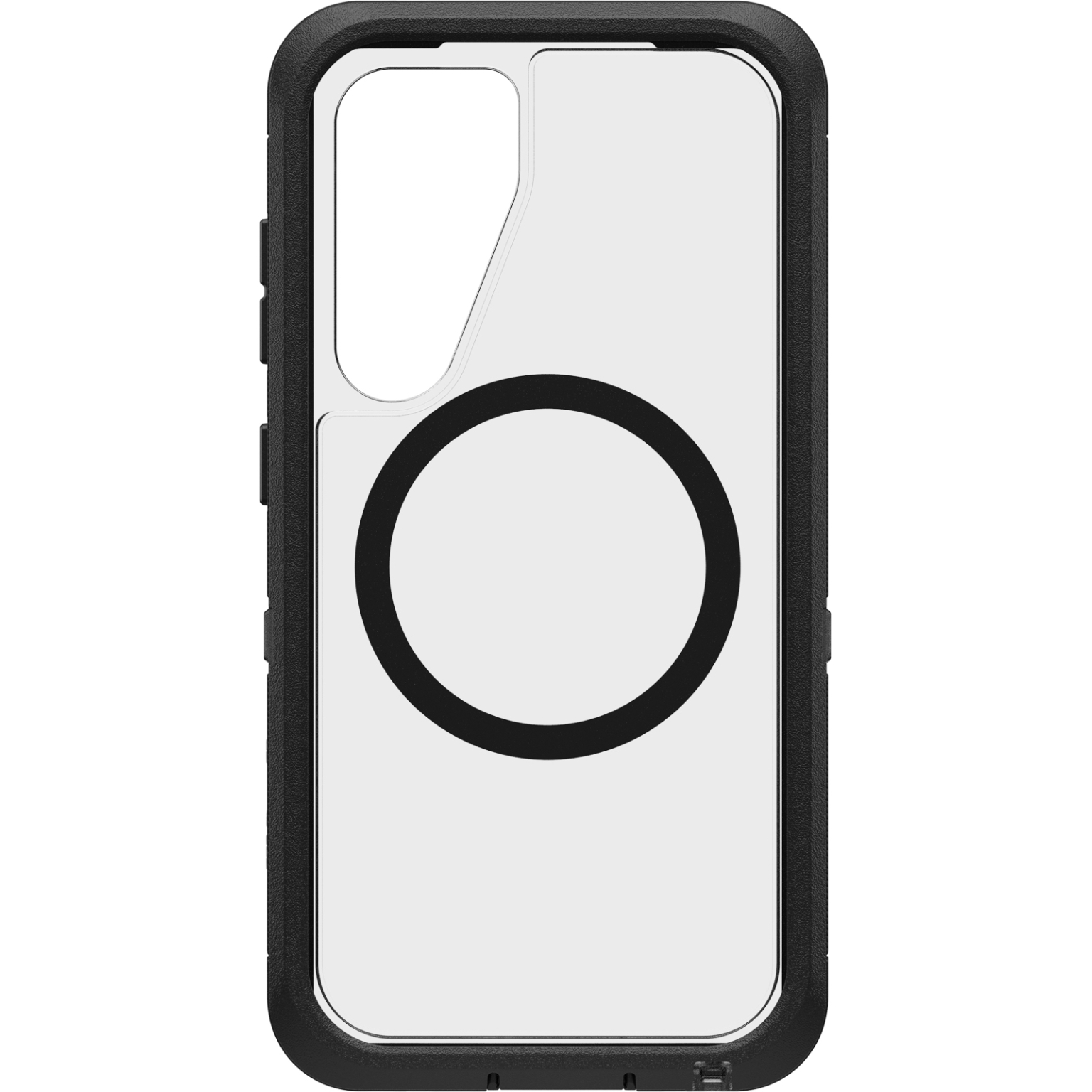 Zwarte telefoonhoes, wit van binnen met zwarte cirkel. Witte achtergrond.
