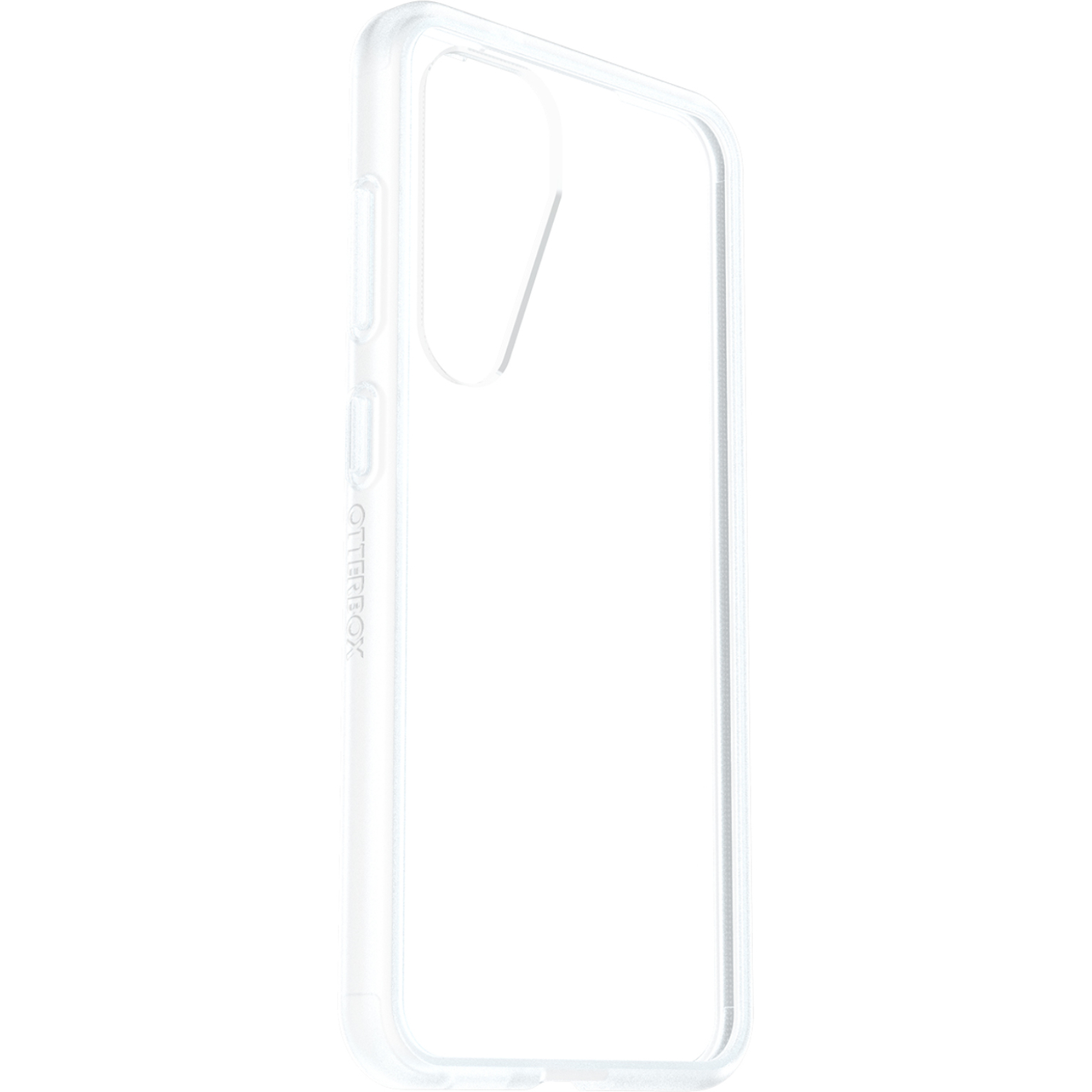 Een doorzichtige telefoonhoes, die de vorm en details laat zien, tegen een effen witte achtergrond.