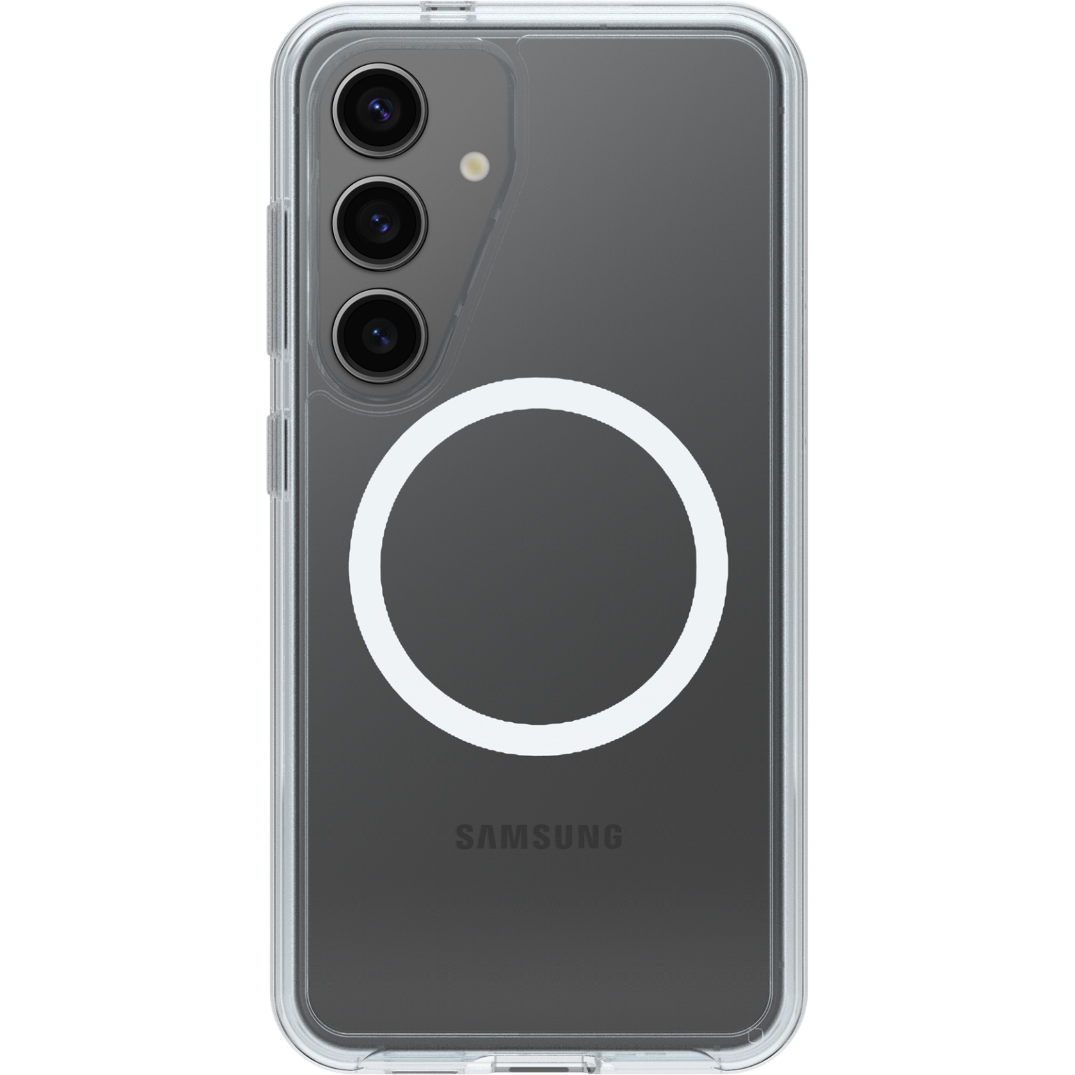 Transparante telefoonhoes met een Samsung telefoon erin. Het heeft drie cameralenzen en een cirkelvormig ontwerp.