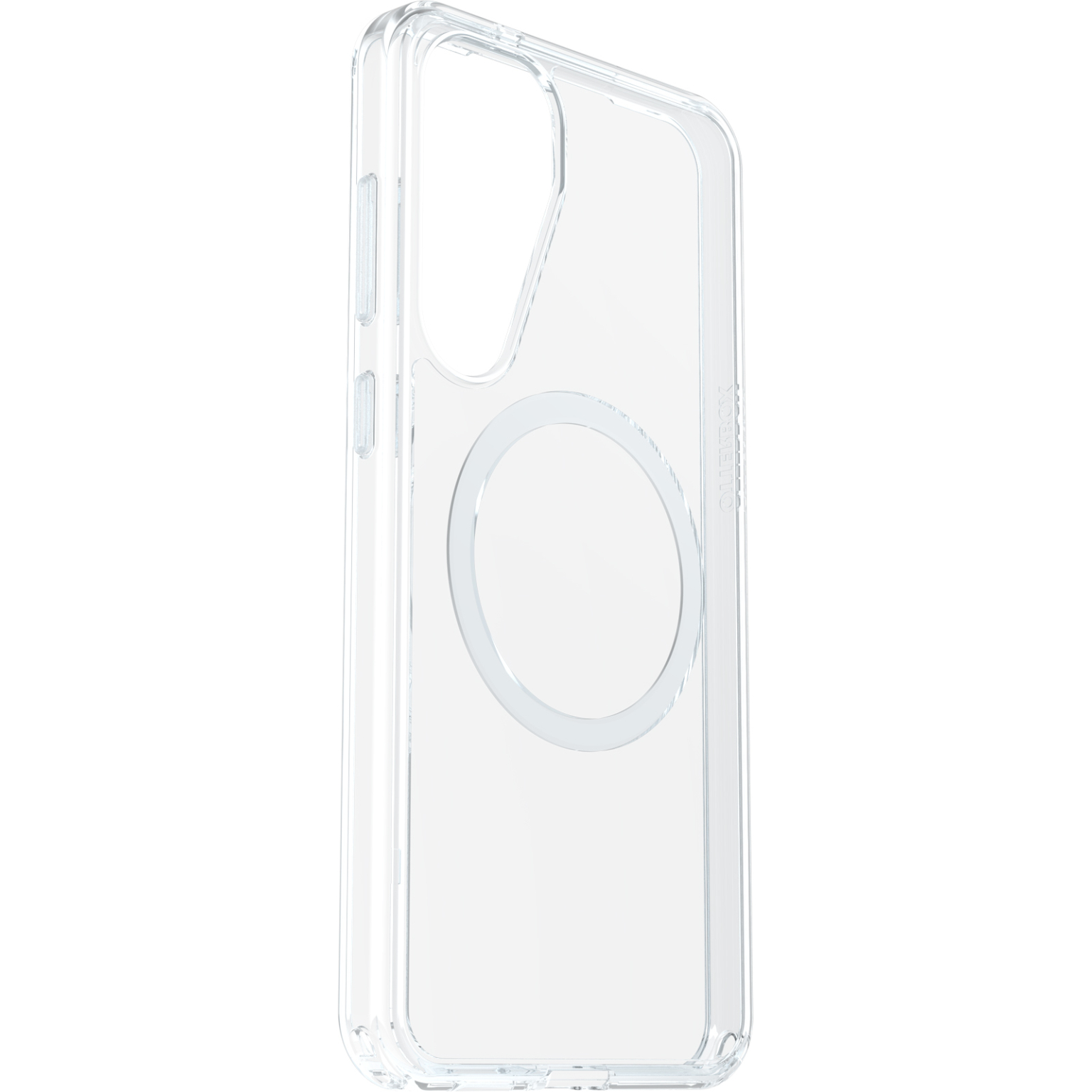 Een transparante telefoonhoes met een cirkelvormige magneet. De hoes is transparant.