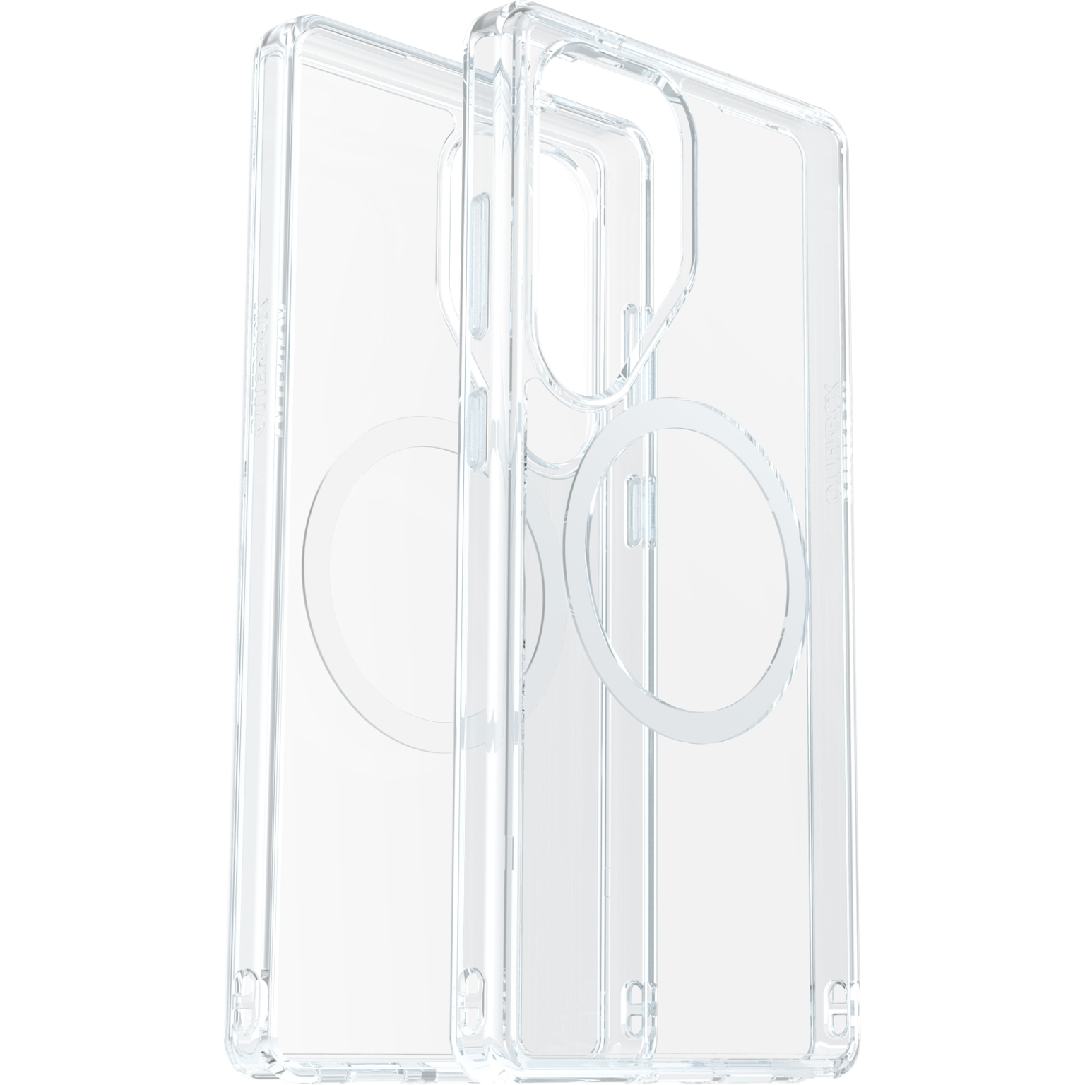 Transparante telefoonhoes, twee delen op een witte achtergrond, met een magnetische ring.