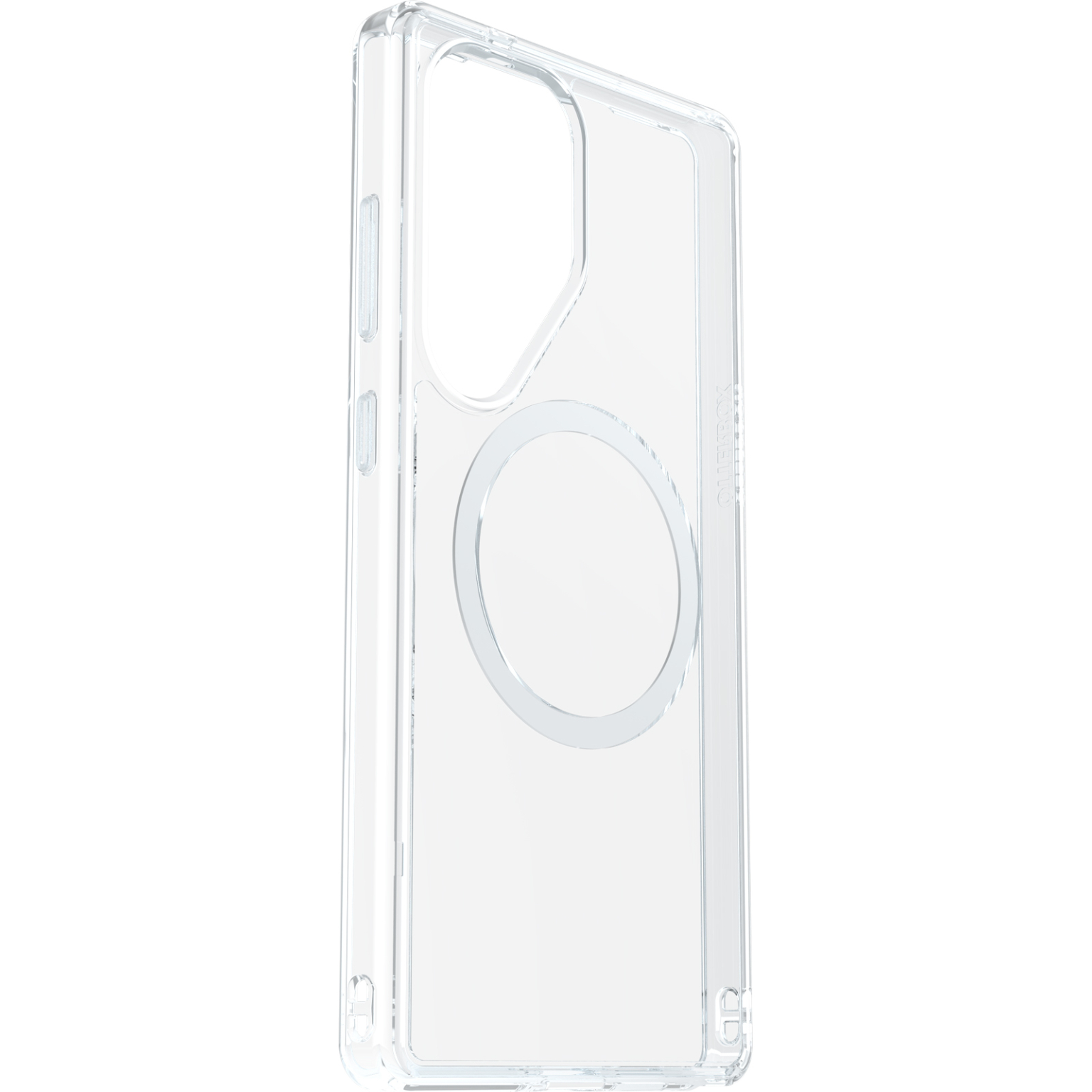 Een doorzichtige telefoonhoes met een cirkelvormige uitsparing voor een camera, tegen een witte achtergrond.