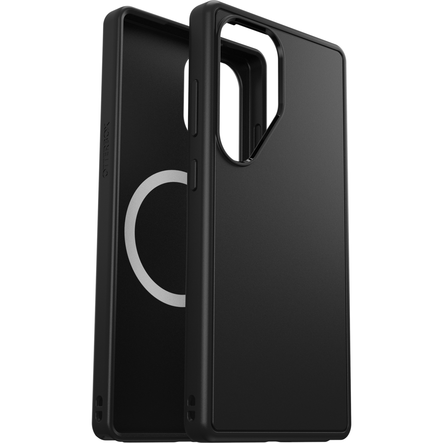 Zwarte telefoonhoes met een wit cirkelvormig ontwerp binnenin, opengeklapt.