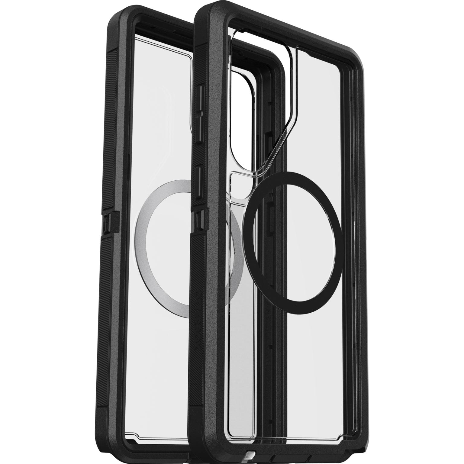Twee transparante telefoonhoesjes met een zwart frame, de binnenkant tonend, op een witte achtergrond.