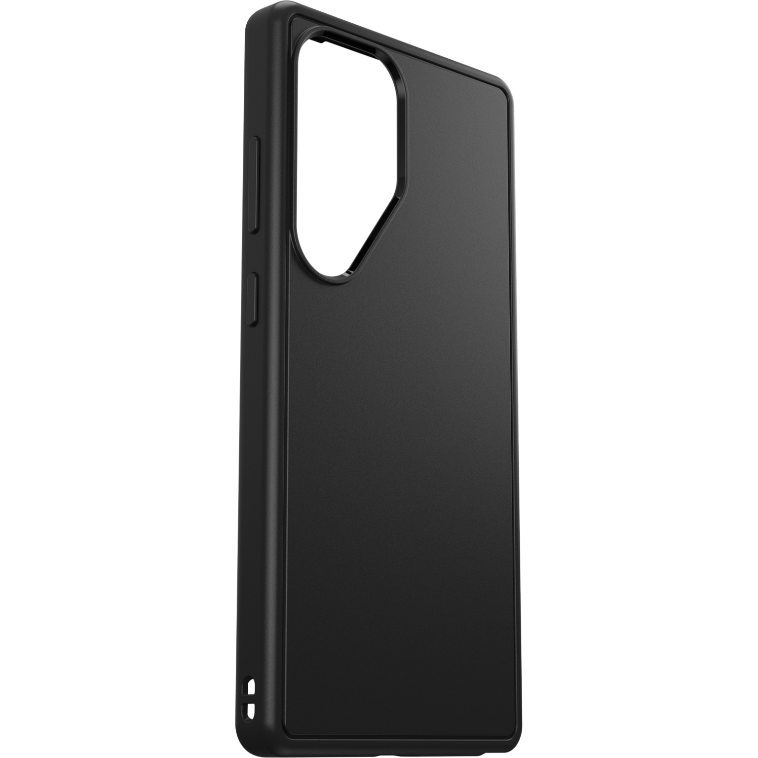 Zwarte telefoonhoes, met de zijkant en achterkant, met uitsparingen voor knoppen en camera, geïsoleerd op wit.
