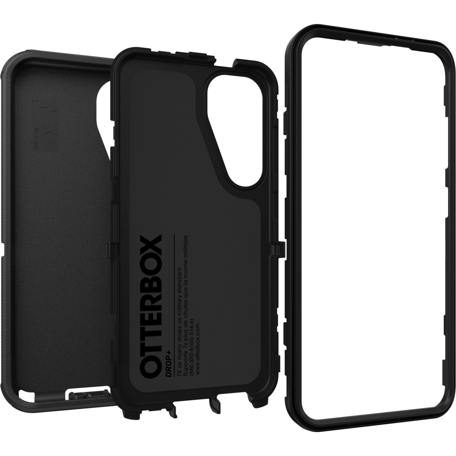 Coque de téléphone Otterbox noire, ouverte pour montrer l'intérieur et le cadre extérieur.