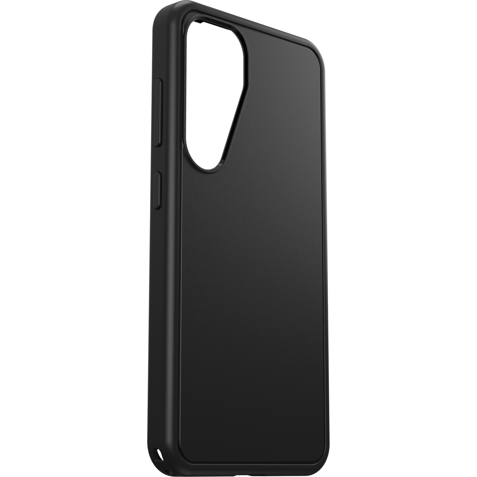 Zwarte telefoonhoes, zijaanzicht, toont de knoppen en vorm.