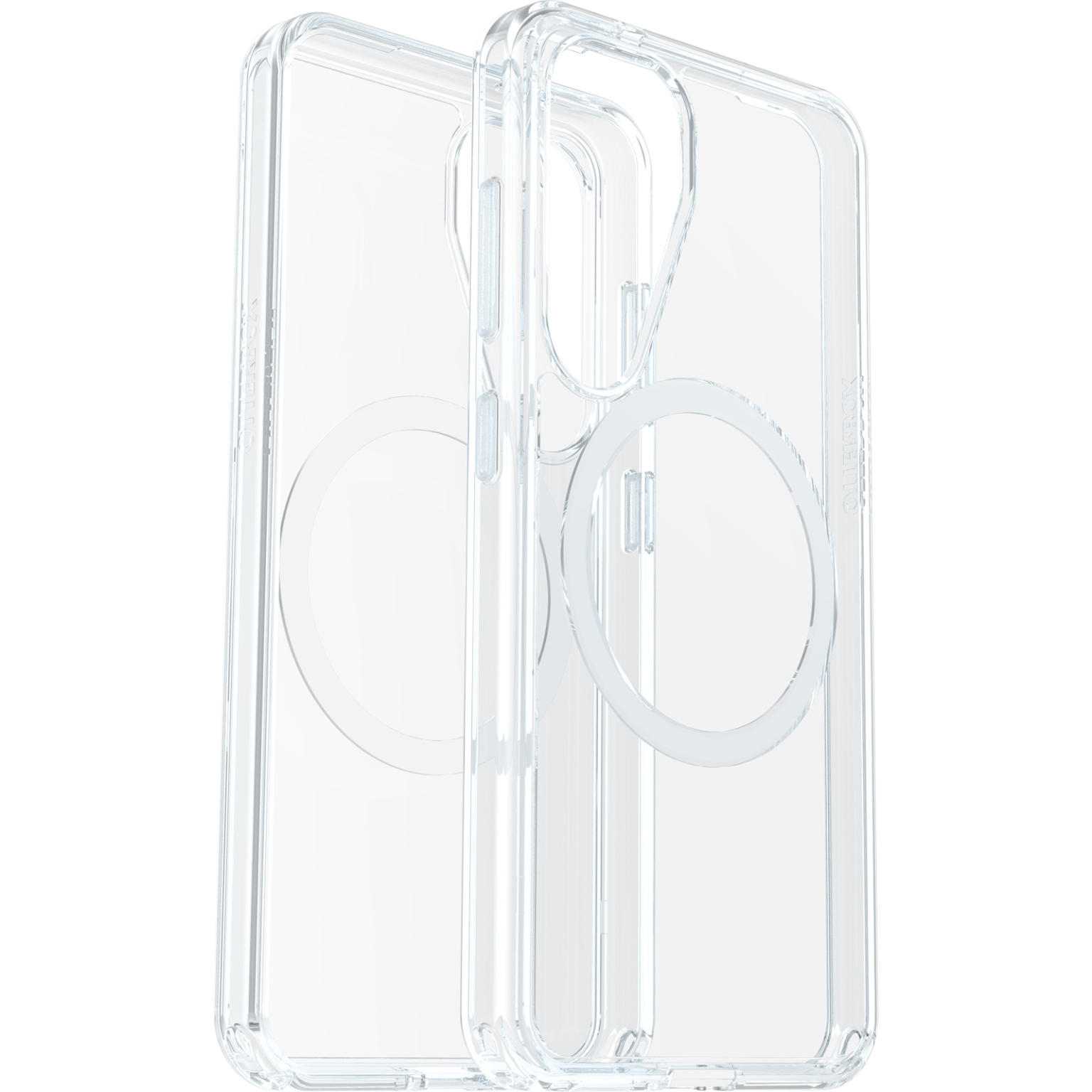 Twee transparante telefoonhoesjes met een magnetische cirkel.