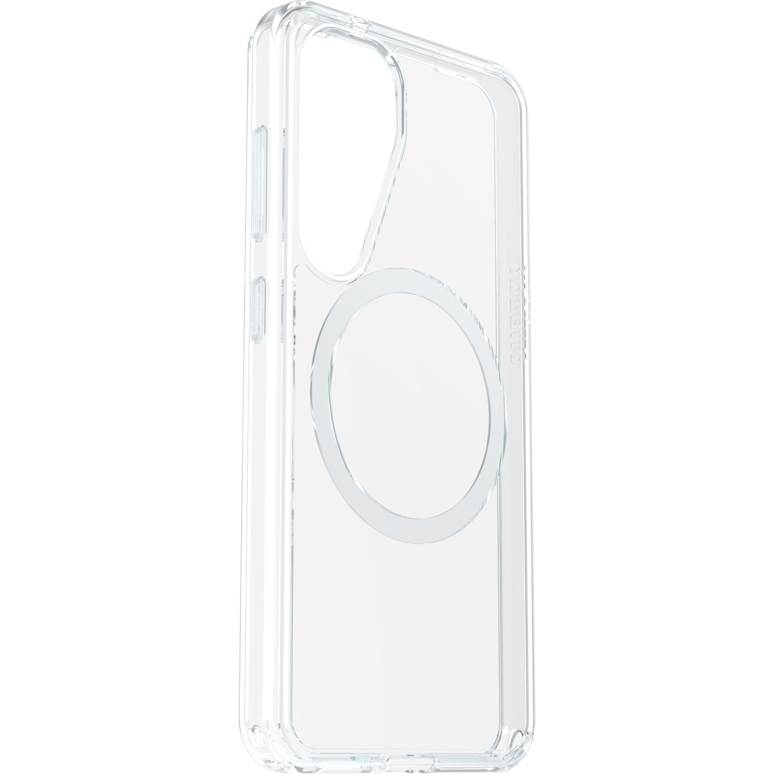Transparante telefoonhoes met een cirkelvormige MagSafe-ring op een witte achtergrond.
