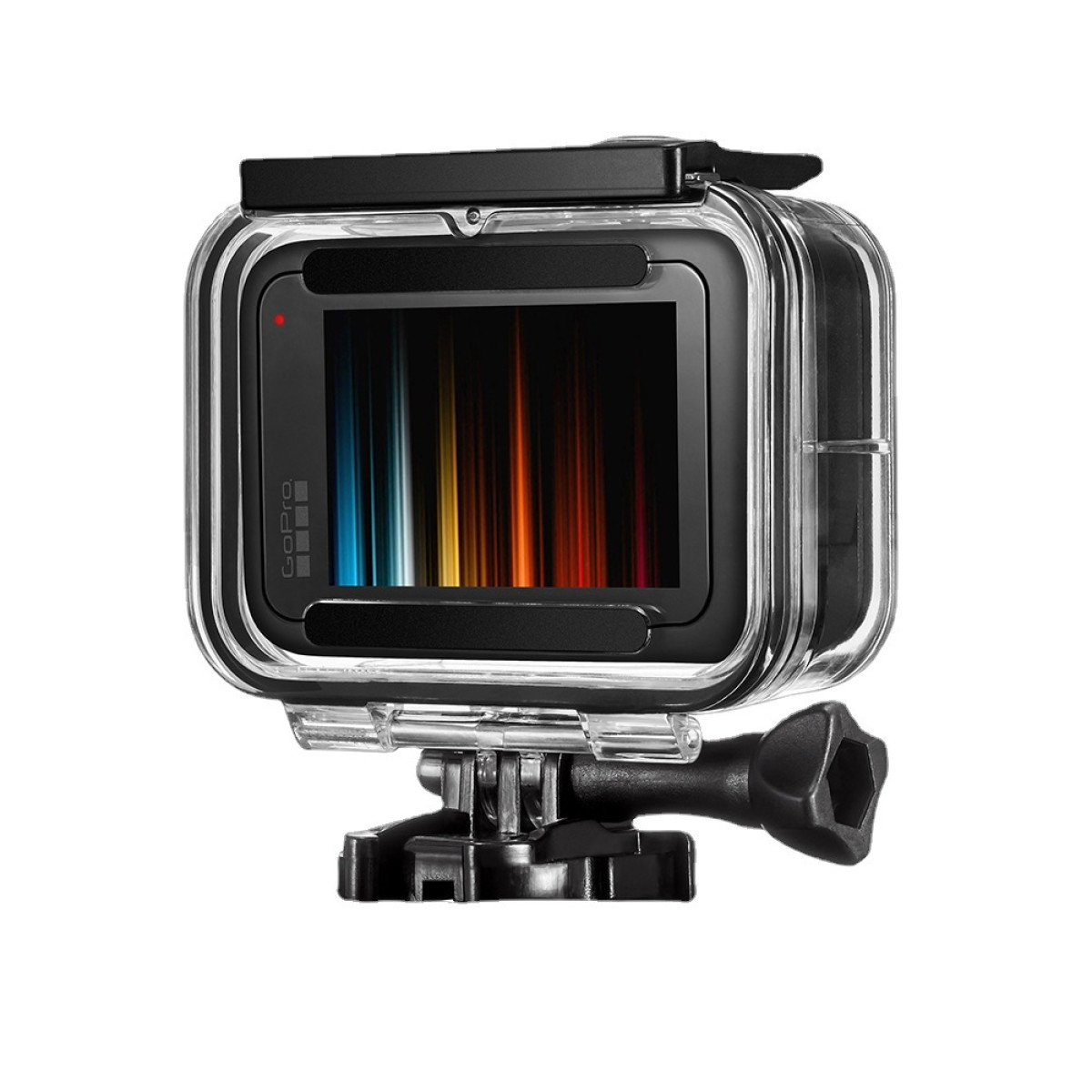 GoPro camera in a waterproof case, with a screen displaying colorful stripes.