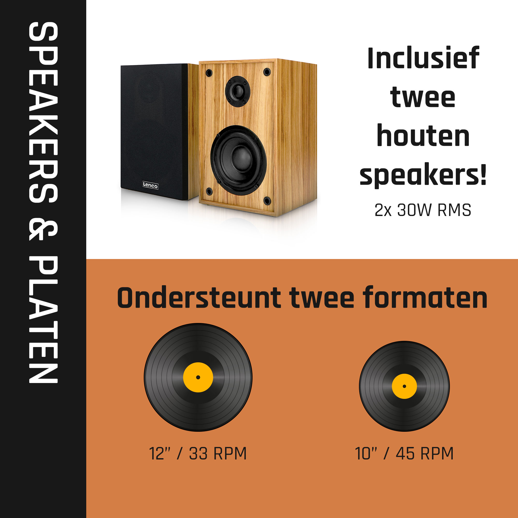 Zwei Holz-Lautsprecher und ein Plattenspieler. Zwei Schallplatten mit gelben Etiketten werden gezeigt.