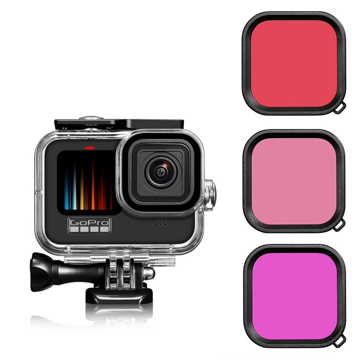 GoPro camera with transparent case and three color filters. Black and red.
