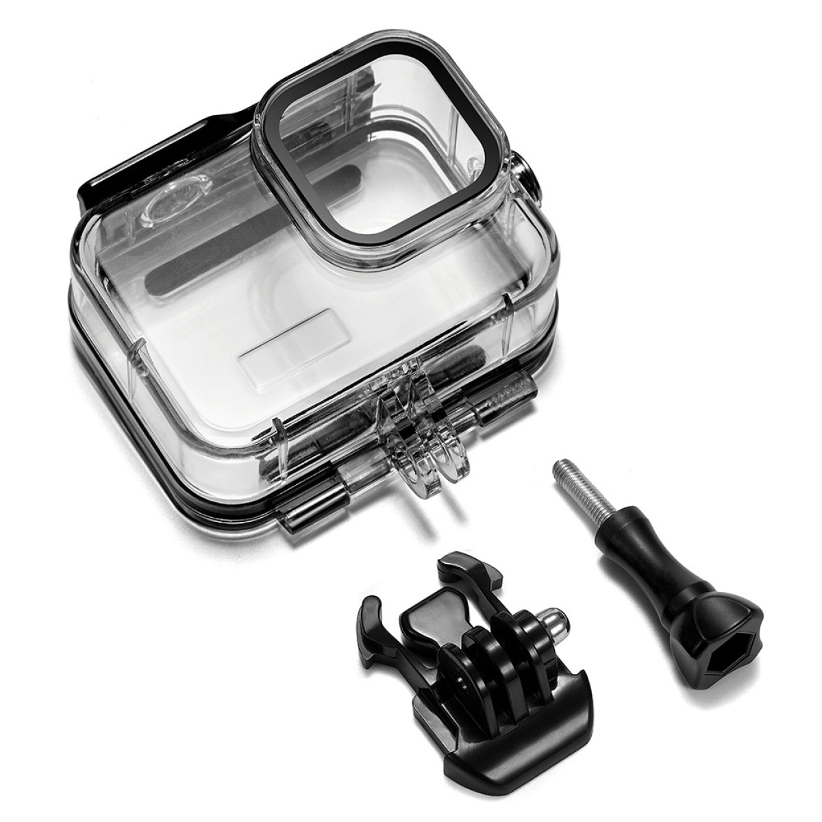 Transparent underwater camera case, with mounting accessories, including a screw and mount.