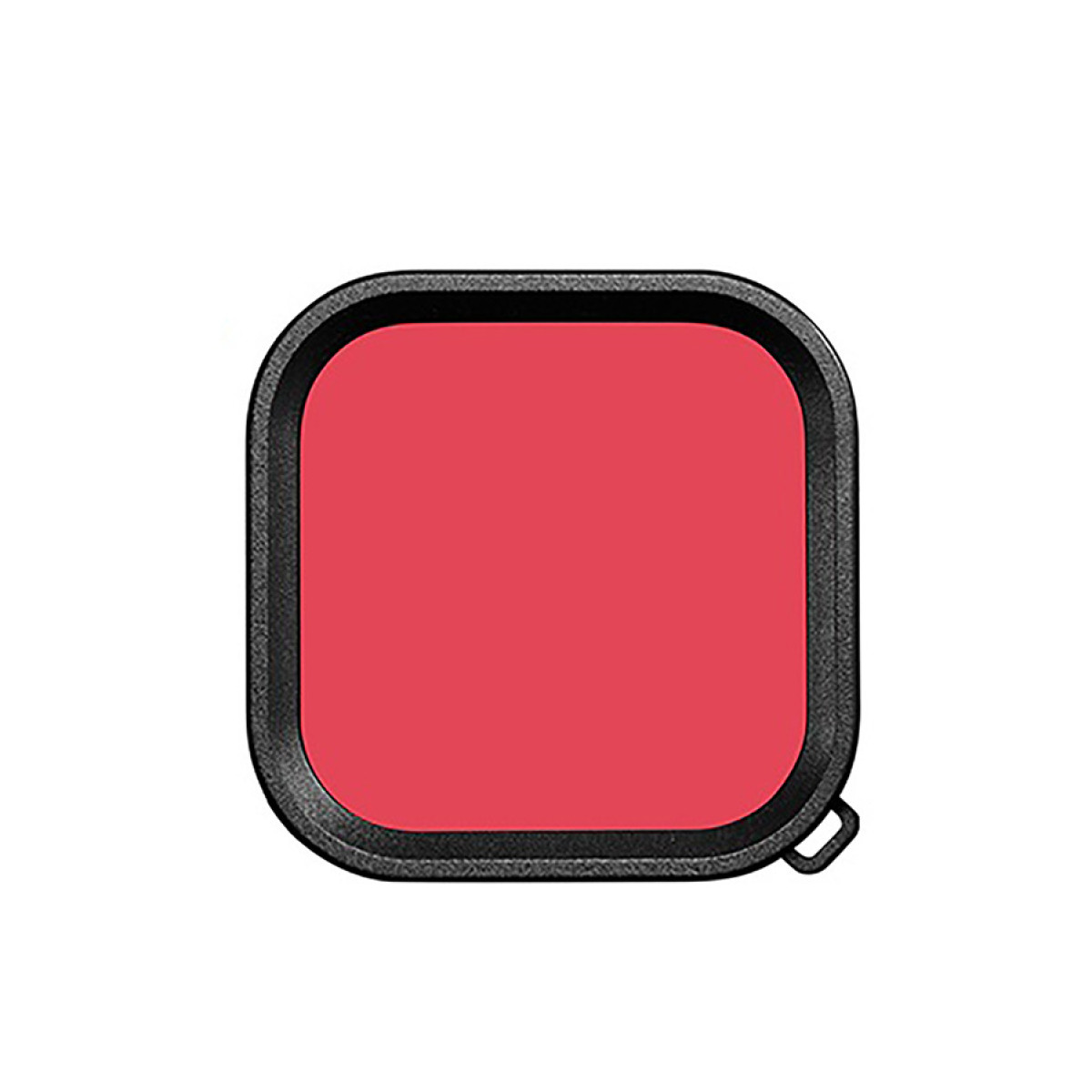 A red filter in a square, black frame. There is a small loop for attachment.